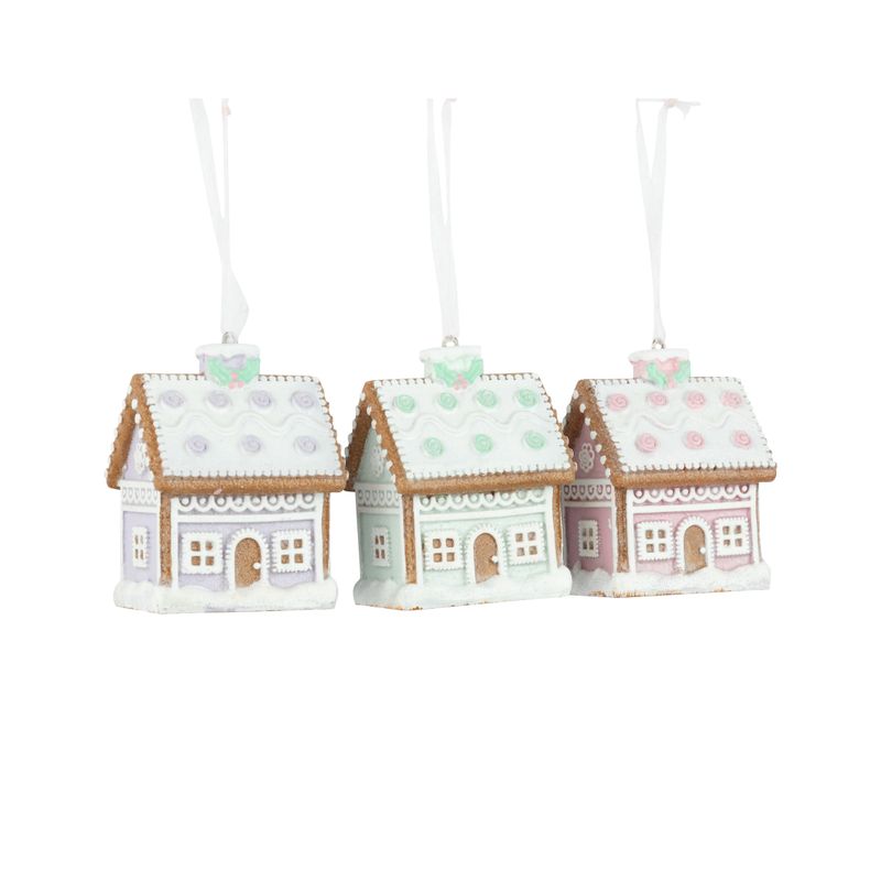 3 Asst&#39;d resin gingerbread houses ornament, pastel pink, green, purple accents, frosted glitter finish, 2.75x2 in  12      