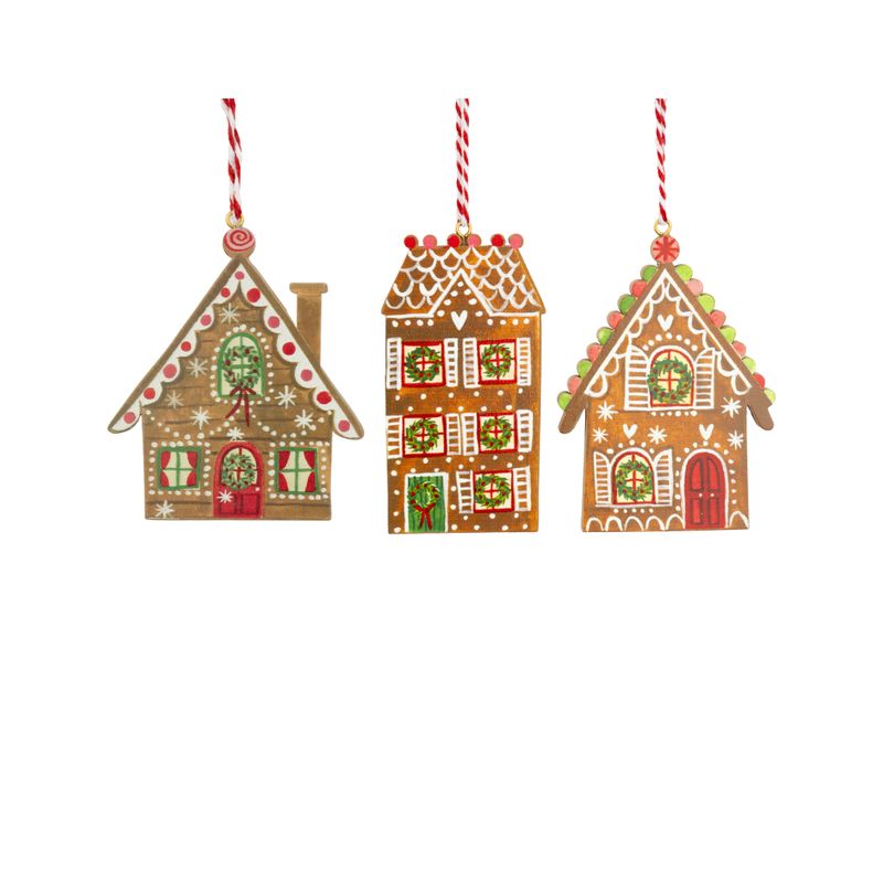 3 Asst&#39;d painted gingerbread house ornaments with red, green, and white detailing, 2 sided, 3.5 in  24      