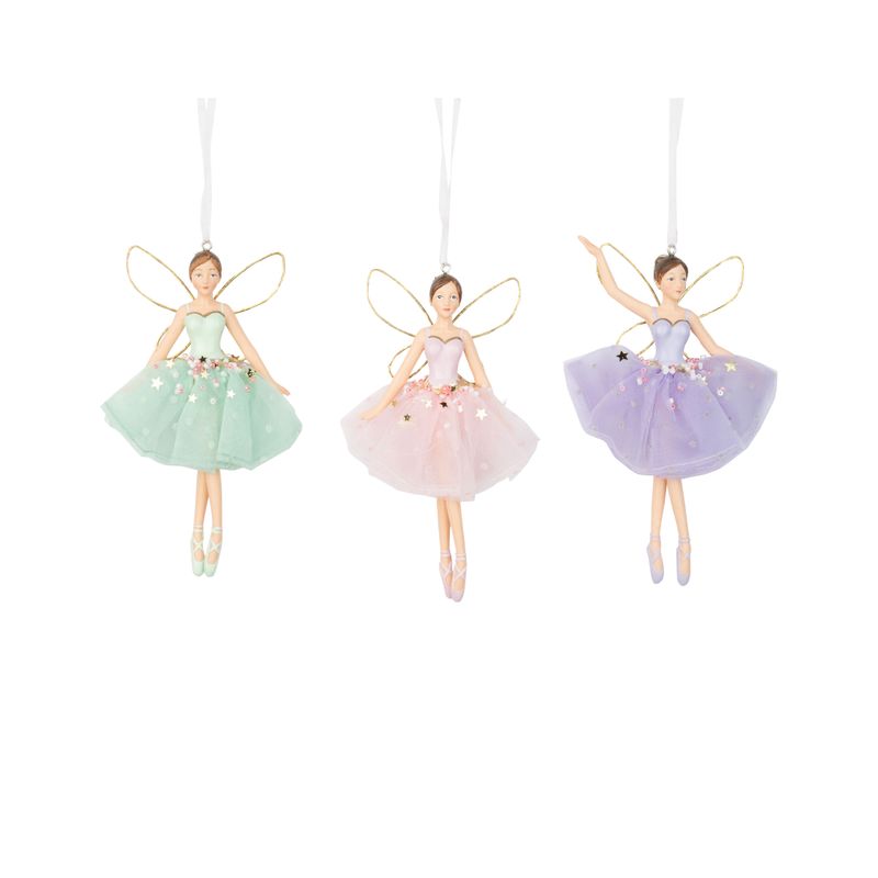3 Asst&#39;d pastel fairy ornament, pink, purple, green dresses, gold wings, candy accents, 6 in  6      