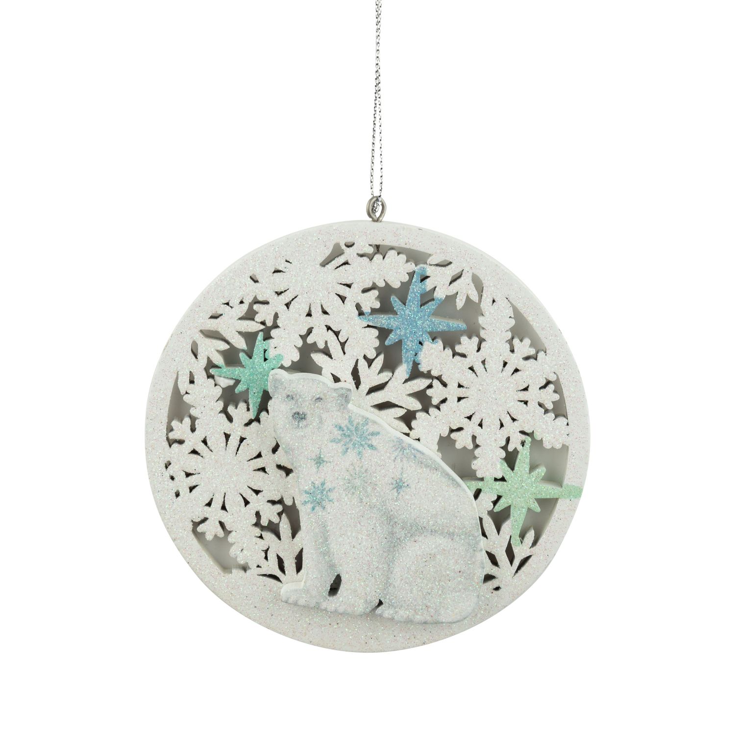 White polar bear on glittered wood snowflake-patterned disk with green-blue accents ornament, 3.9 in  12      