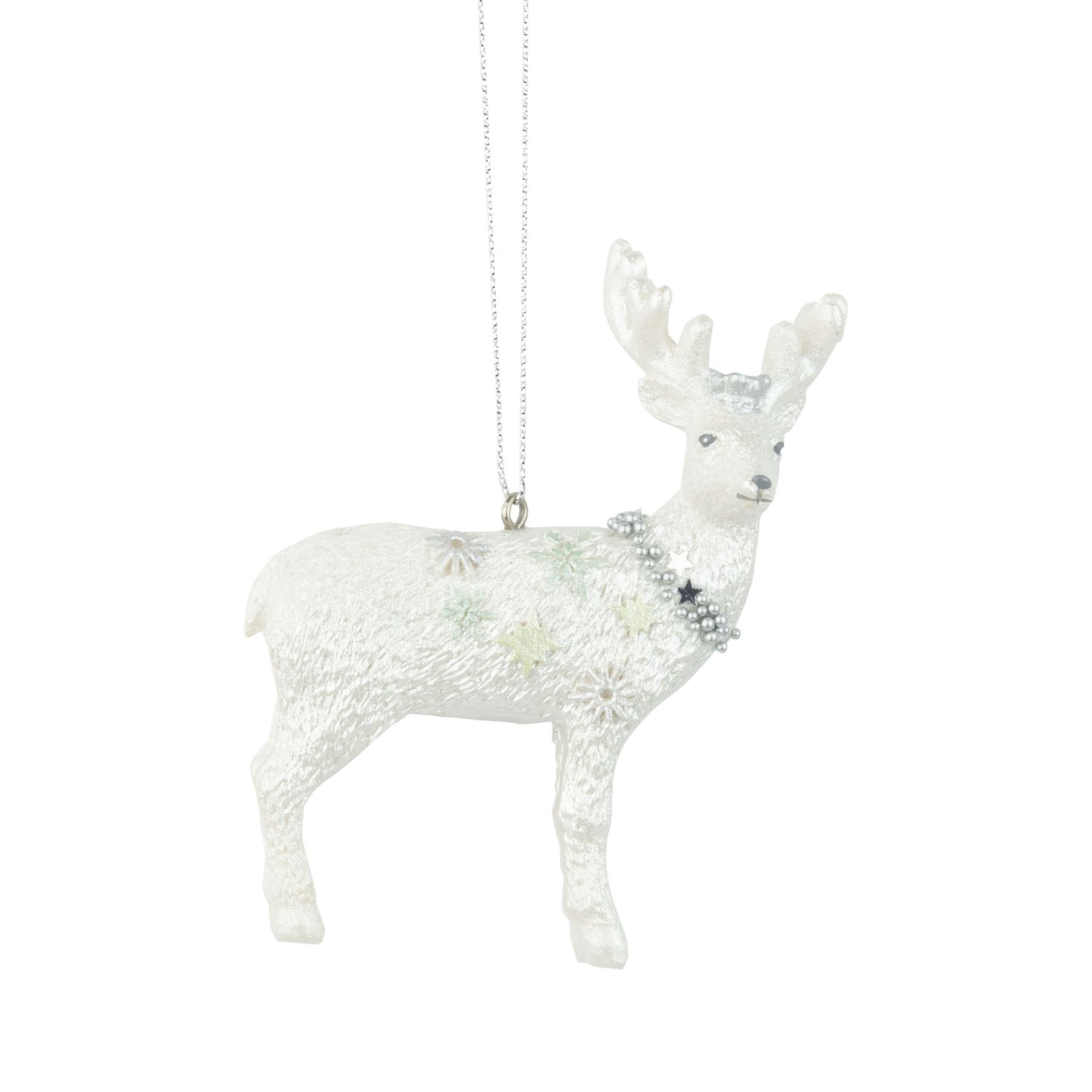 Pearl white resin reindeer ornament, pale blue &amp; green snowflake accents, silver bead collar, 4 in  6      