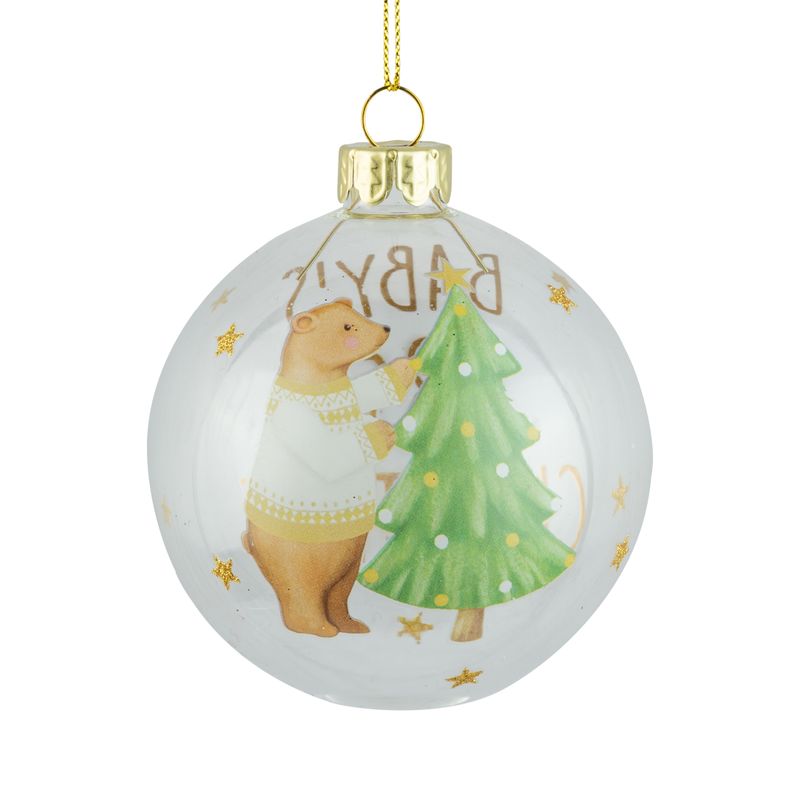 Glass ball ornament, clear, baby&#39;s first bear &amp; Christmas tree, 80mm/3 in  12      