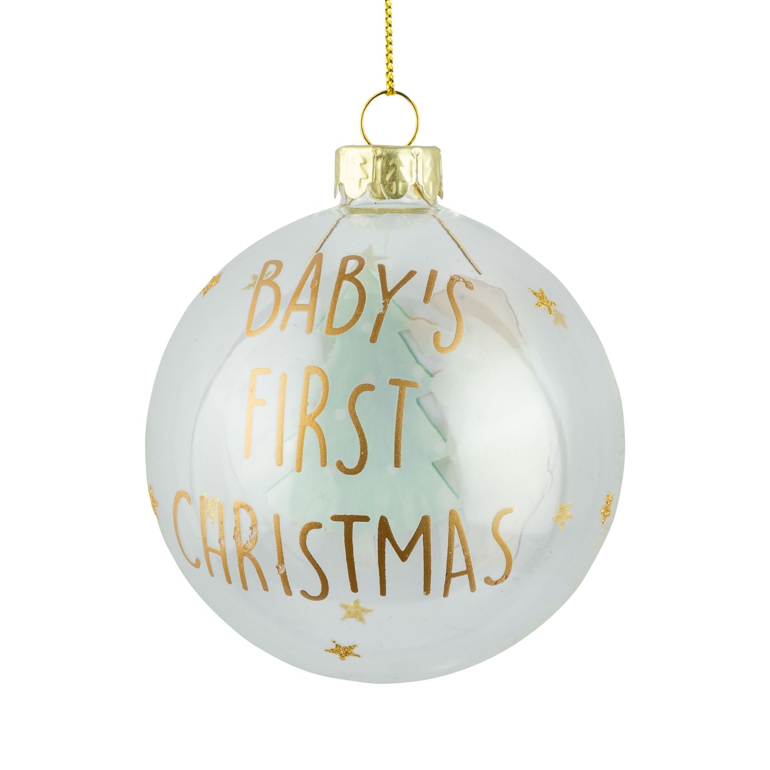 Glass ball ornament, clear, baby&#39;s first bear &amp; Christmas tree, 80mm/3 in  12      