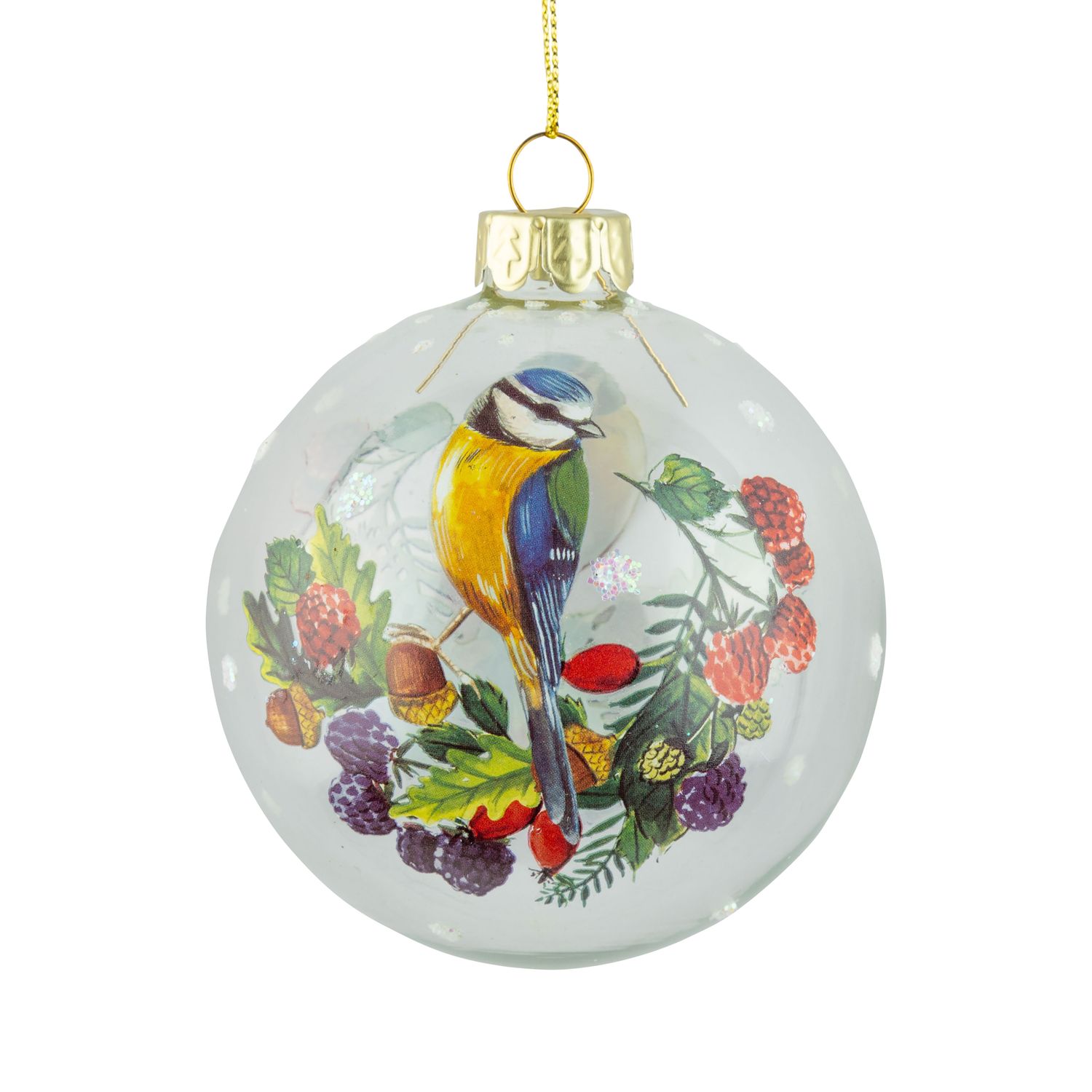 Glass ball ornament, clear, bird &amp; berry design, 80mm/3 in  12      