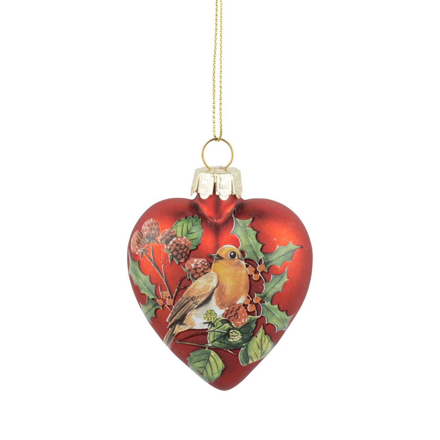 Glass heart ornament, matter red, robin &amp; holly design, 3 in  12      