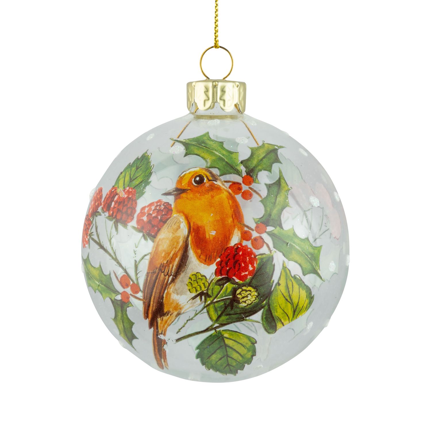 Glass ball ornament, clear, robin &amp; holly design, 80mm/3 in  12      