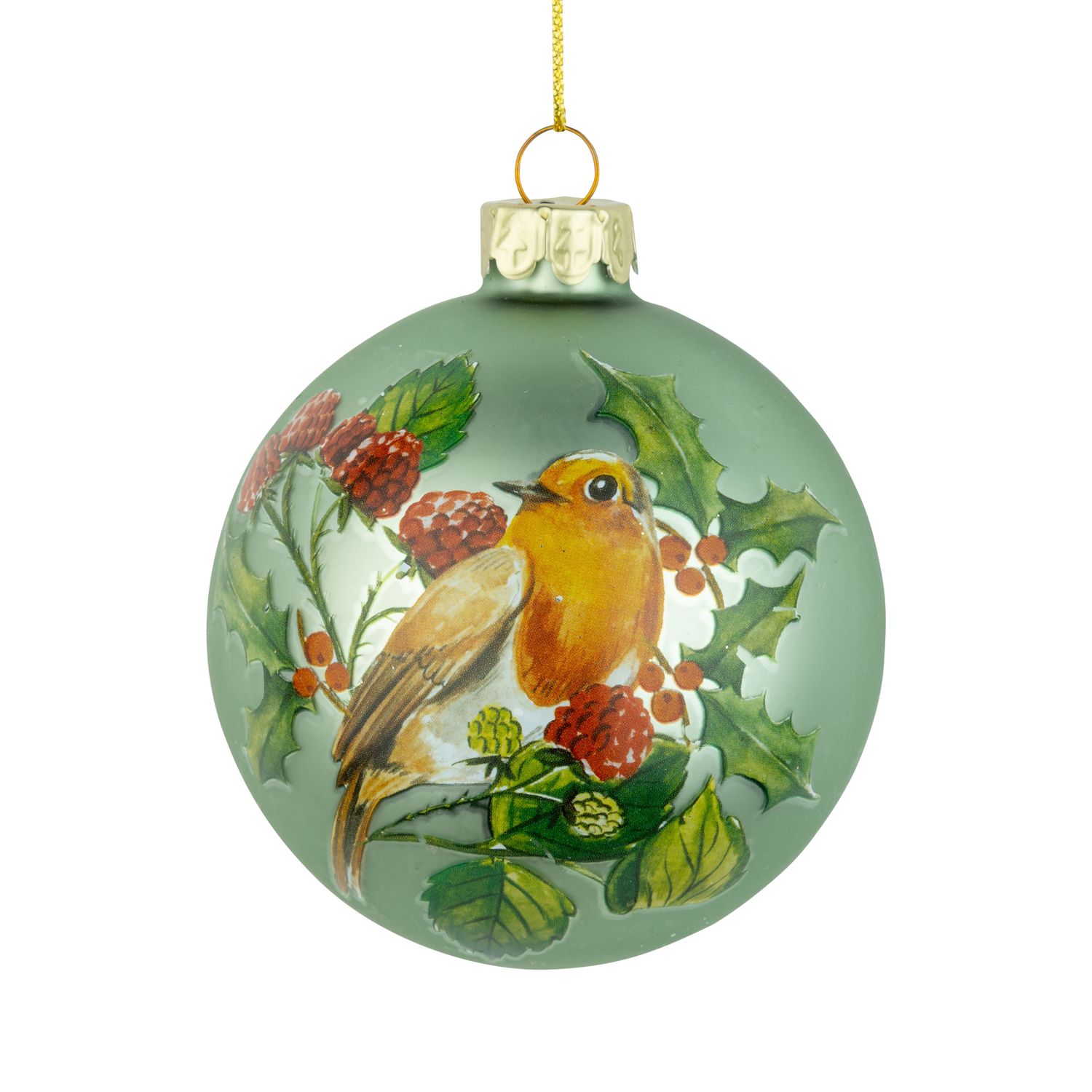 Glass ball ornament, matte pale green, robin &amp; holly design, 80mm/3 in  12      