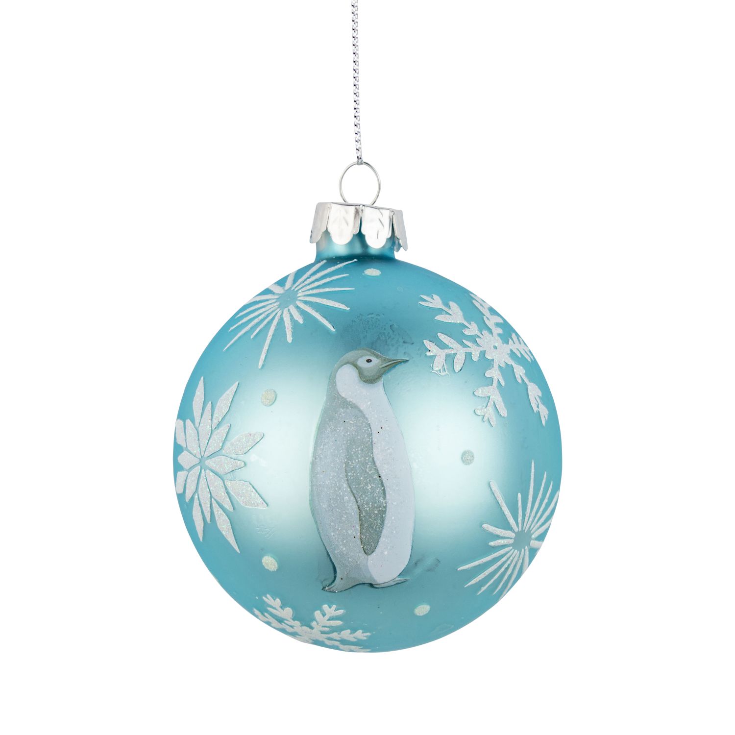 Glass ball ornament, matte light blue, snowy penguin, 80mm/3 in  12      