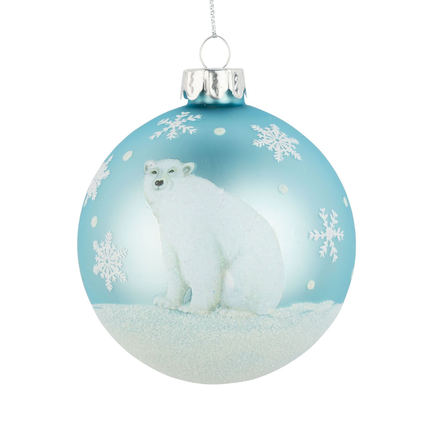 Glass ball ornament, matte light blue, snowy polar bear, 80mm/3 in  12      