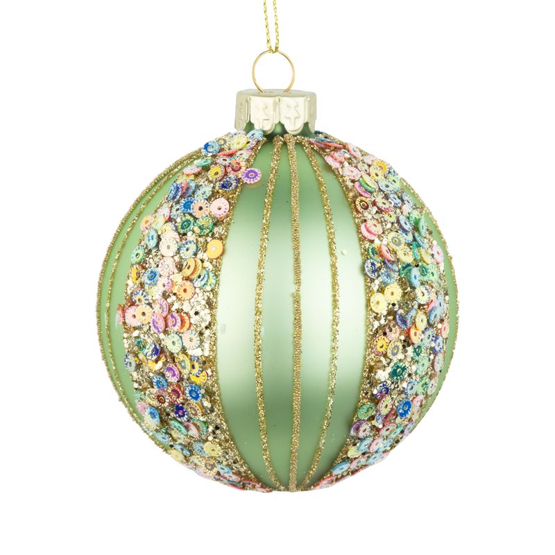 Glass ball ornament, matte green, sequin &amp; glitter stripes, 80mm/3 in  12            