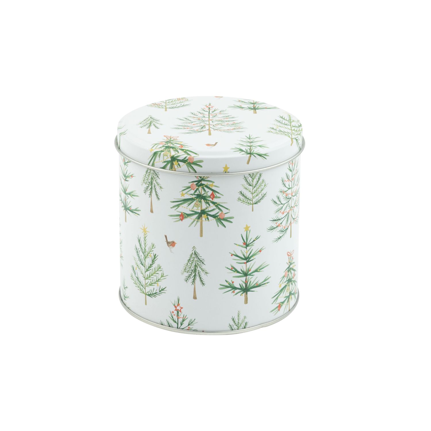 Printed tin lidded candy/cookie container, multi tree design, 4x4 in dia  12      