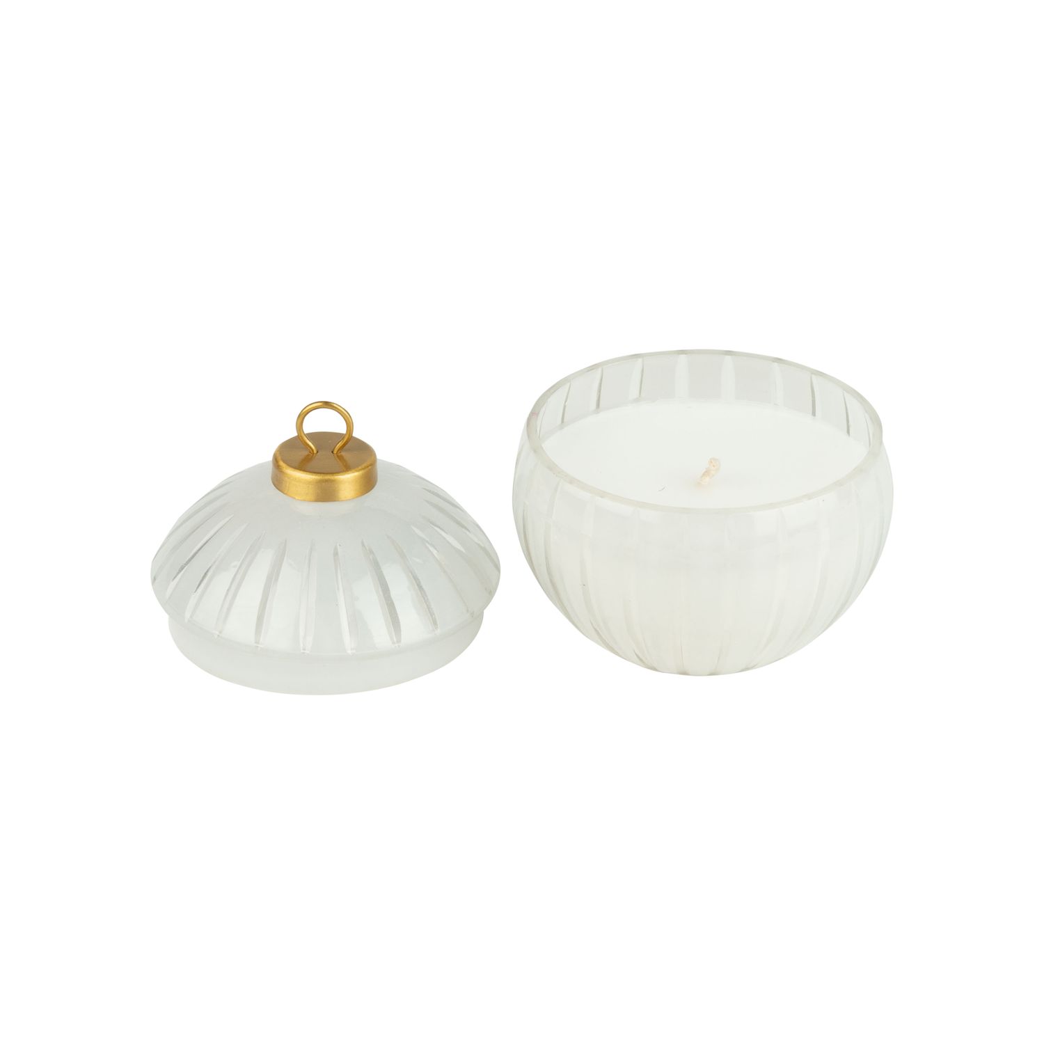 Lidded glass orb poured candle, milk white with clear etched vertical bands, 3 wick lightly scented candle, 4x4 in  4      