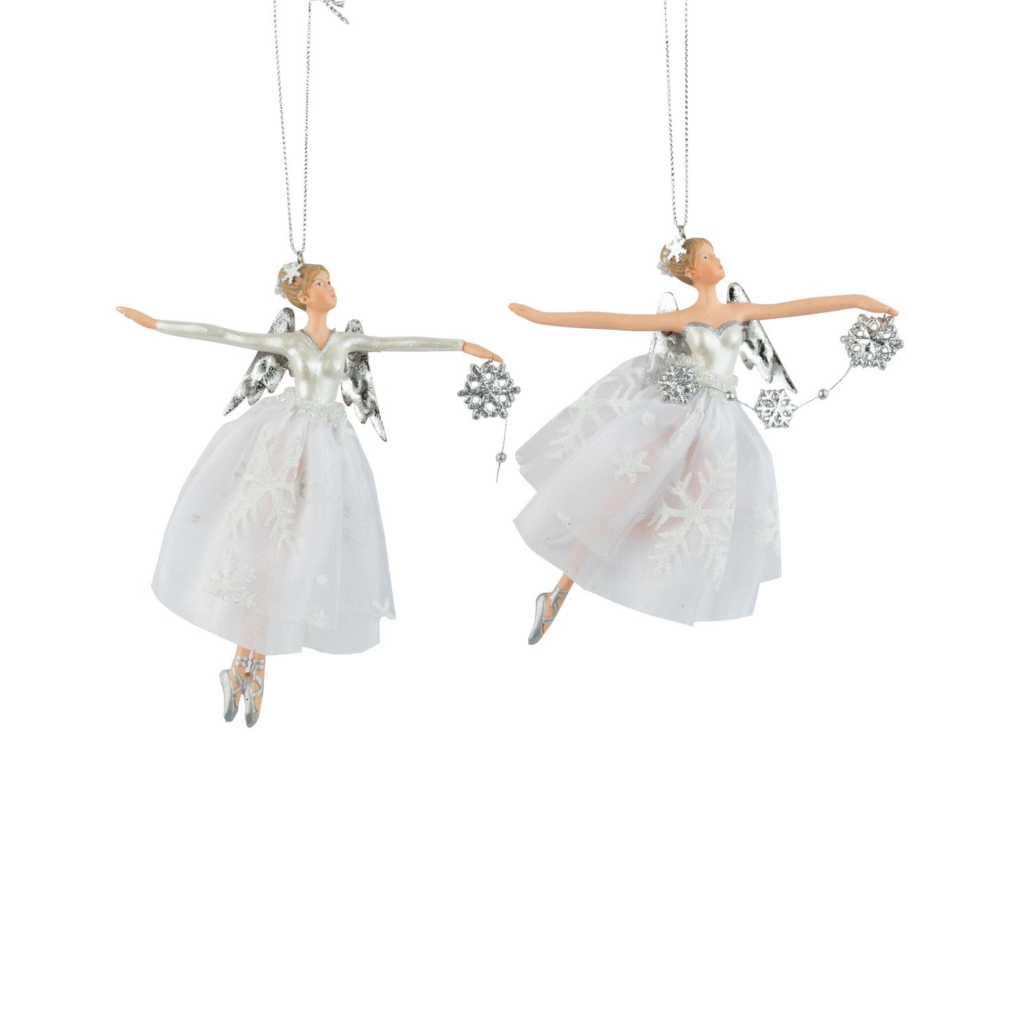 2 Asst&#39;d ballerinas ornament in white tulles snowflake dresses, silver wings, holding snowflake, 5 in  6      