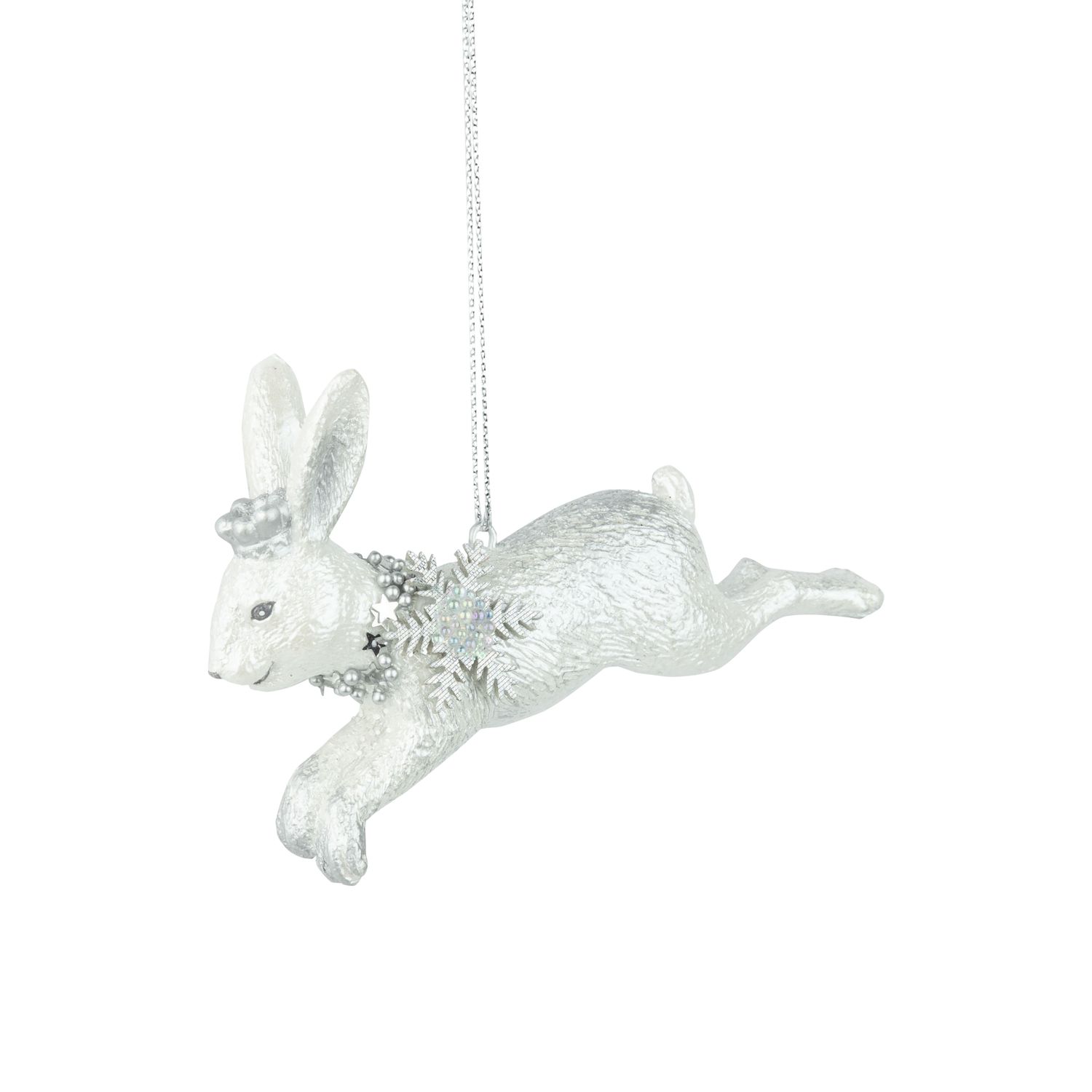 Pearl white resin arctic hare ornament, silver beads, pale blue and green snowflake pattern, 3 in  6      