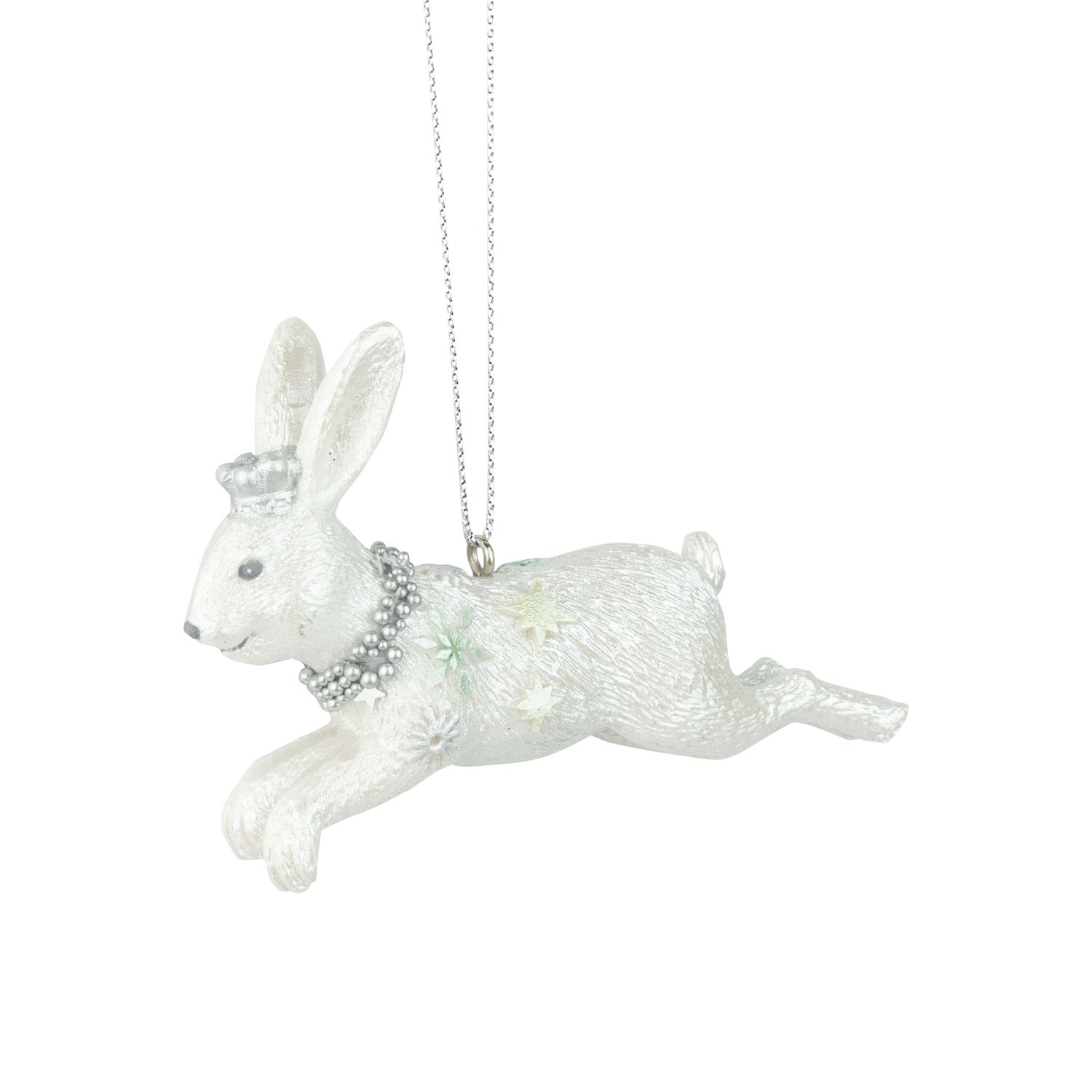 Pearl white resin arctic hare ornament, silver beads and snowflake collar, 4 in  6      