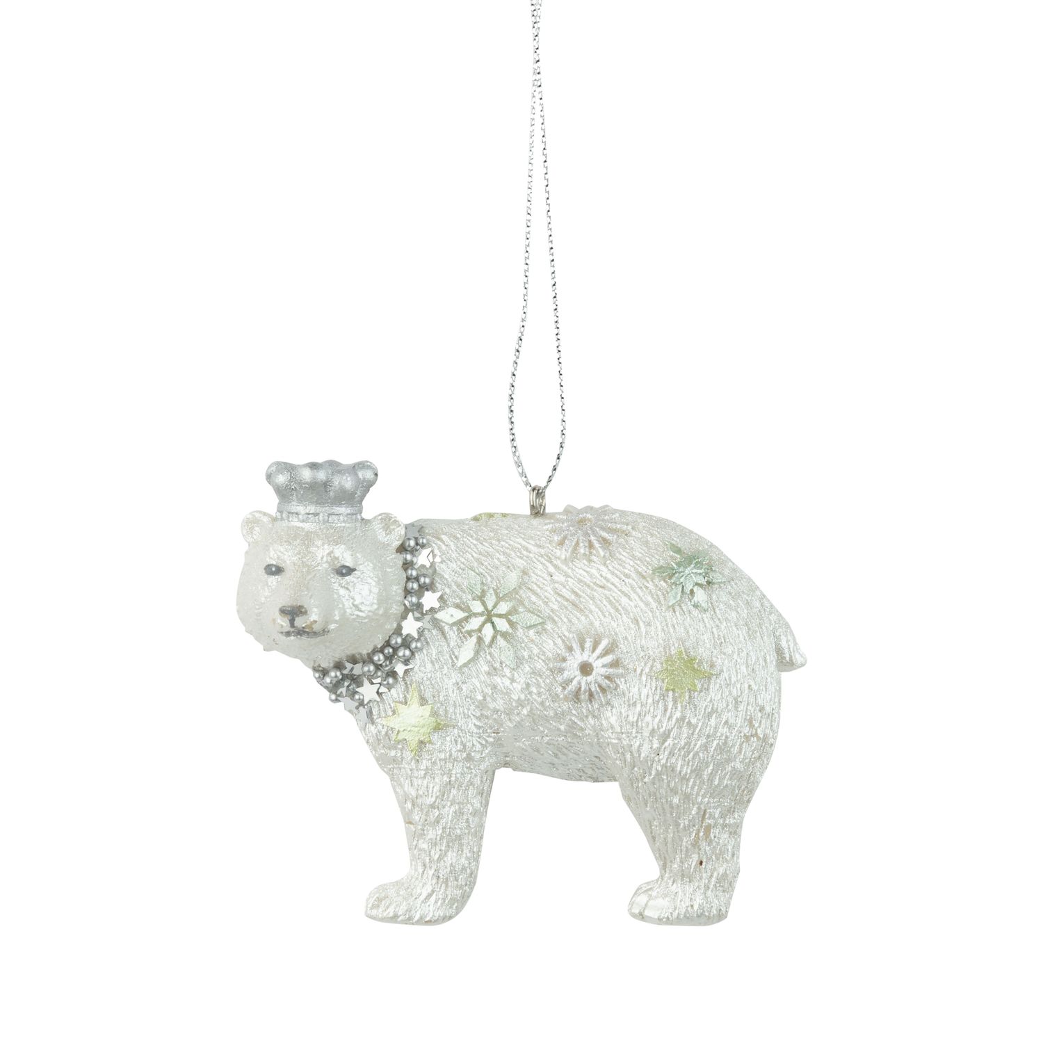 Pearl white resin polar bear ornament, pale blue &amp; green snowflake accents, silver bead collar, 2x3 in  6      