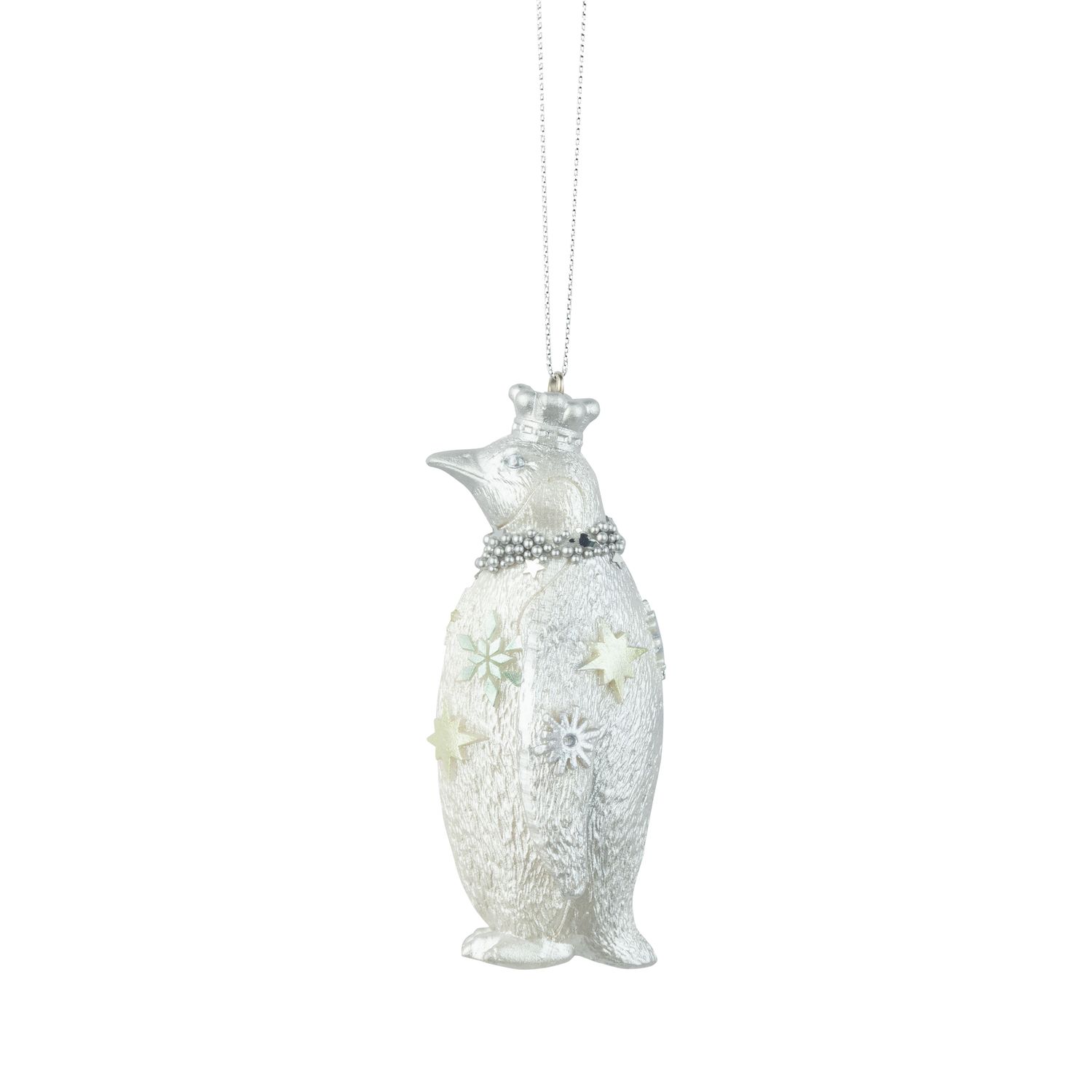 Pearl white and silver resin penguin ornament, pale blue &amp; green snowflake accents, silver bead collar, 3.75 in  6      