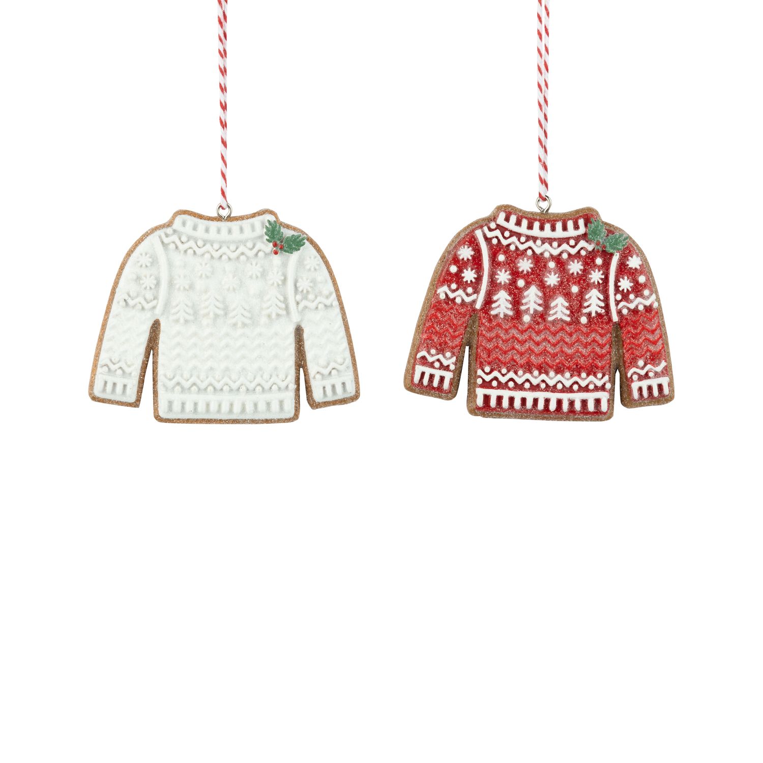 2 Asst&#39;d resin gingerbread sweater cookie ornaments, red/white, Nordic patterns, frost glitter finish, 2.5x3 in  12      