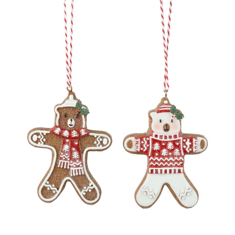 2 Asst&#39;d resin gingerbread teddy bear cookie ornaments, red/white scarves and sweaters, frost glitter finish, 3.5 in  12      