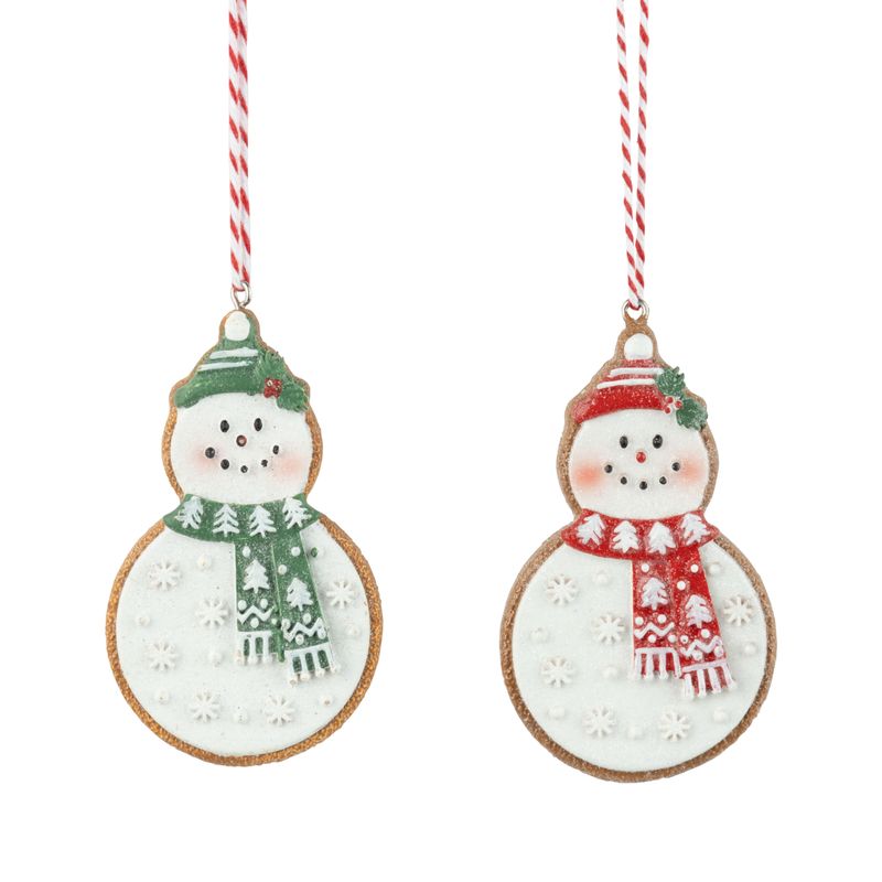 2 Asst&#39;d resin gingerbread snowmen cookie ornaments, green/red hats and scarves, frosted glitter finish, 3 in  12      
