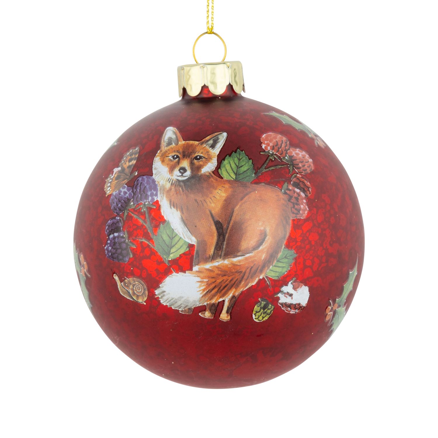 Glass ball ornament, matte red, fox &amp; winter berries, 80mm/3 in  12      