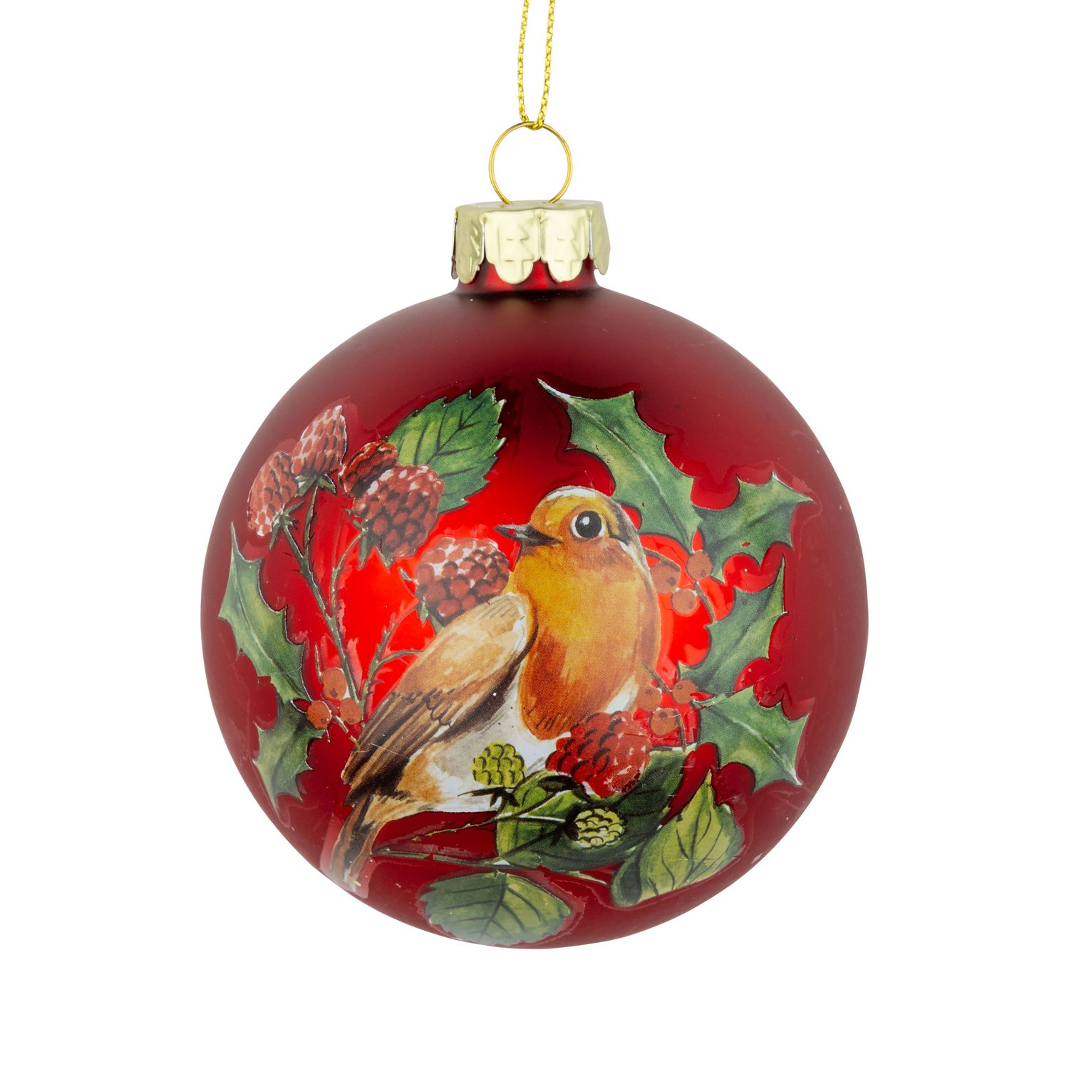 Glass ball ornament, matte red, robin &amp; holly design, 80mm/3 in  12      