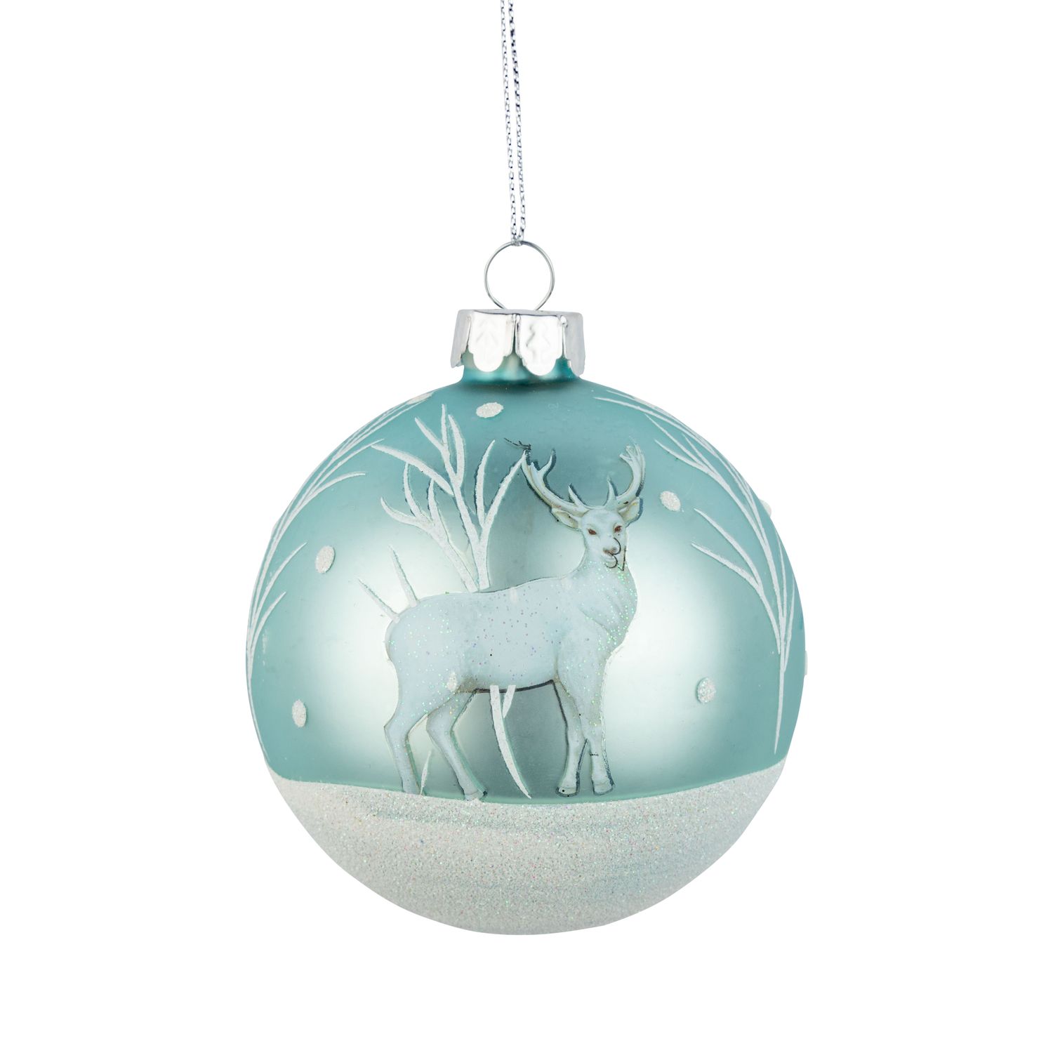 Glass ball ornament, matte light blue, snowy reindeer scene, 80mm/3 in  12      