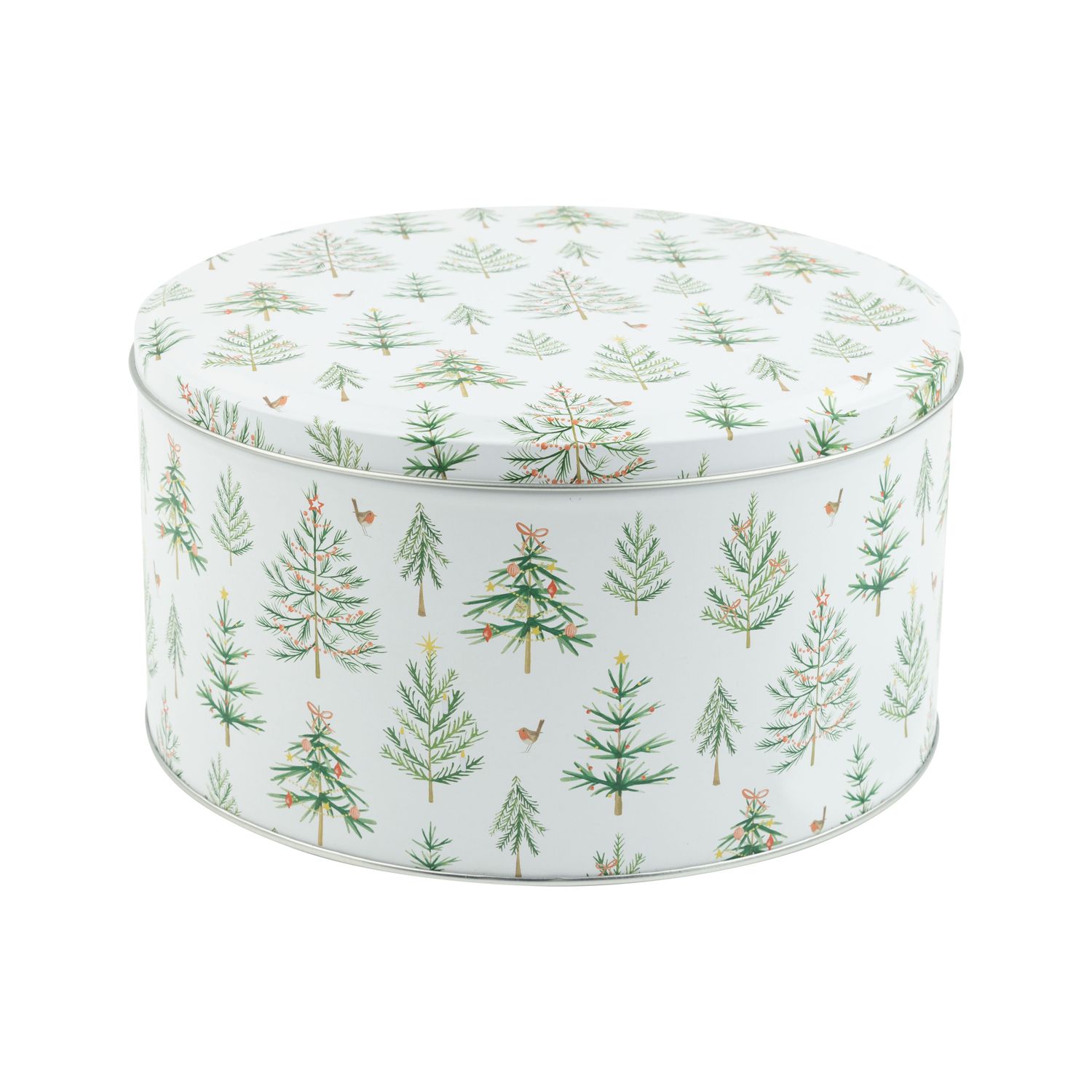 Printed tin lidded cake/cookie container, multi tree design, 5x9 in dia  6      