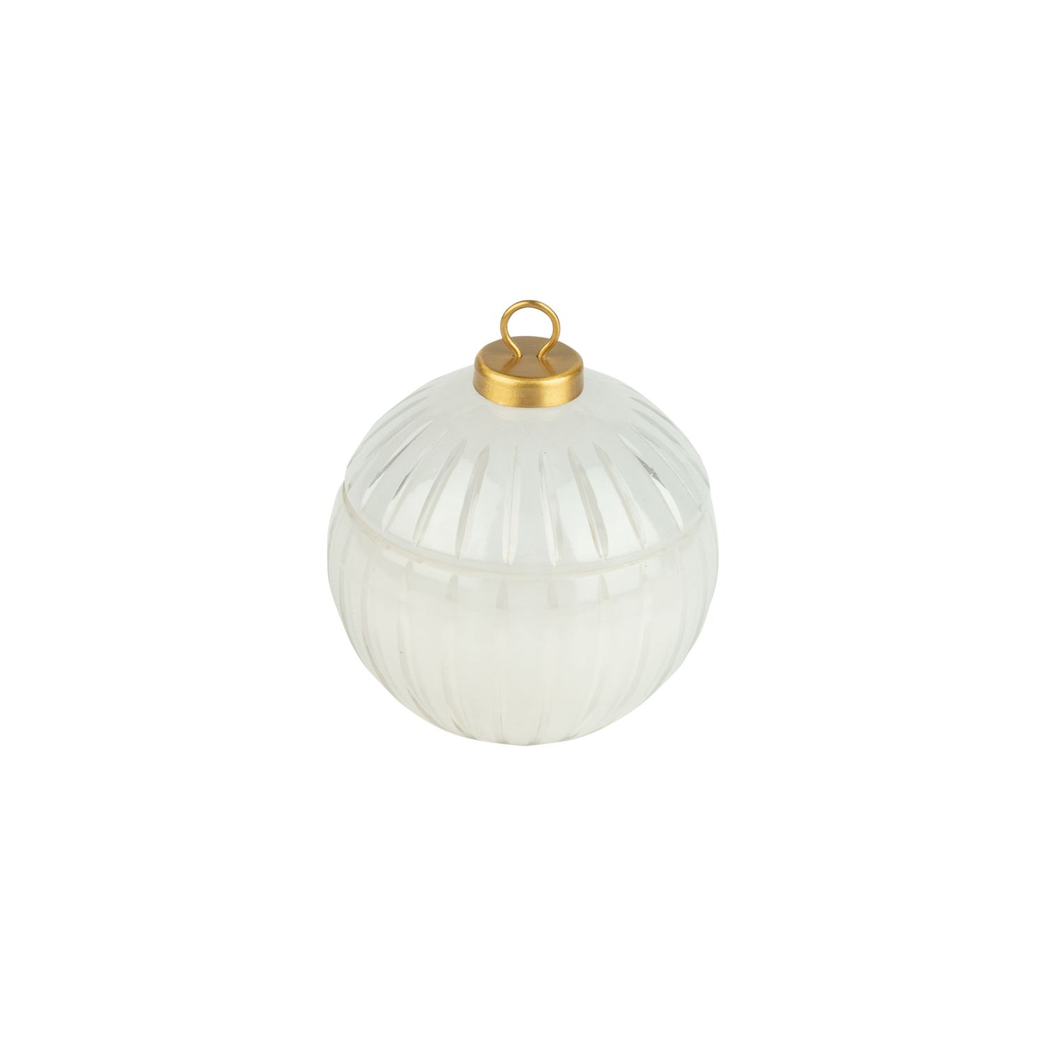 Lidded glass orb poured candle, milk white with clear etched vertical bands, 3 wick lightly scented candle, 4x4 in  4      