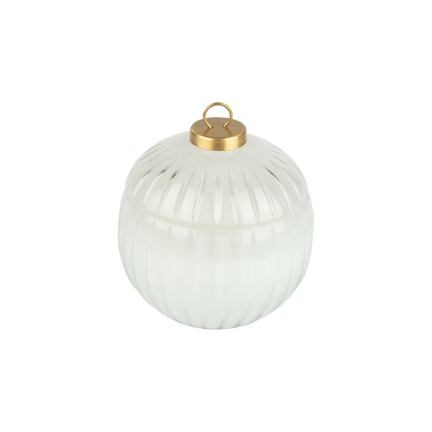 Lidded glass orb poured candle, milk white with clear etched vertical bands, 3 wick lightly scented candle, 5x5 in  2      