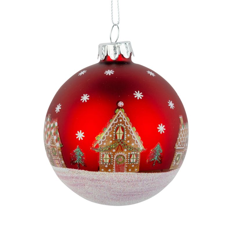 Glass ball ornament, matte red, gingerbread house with glitter snow, 80mm/3 in  12      