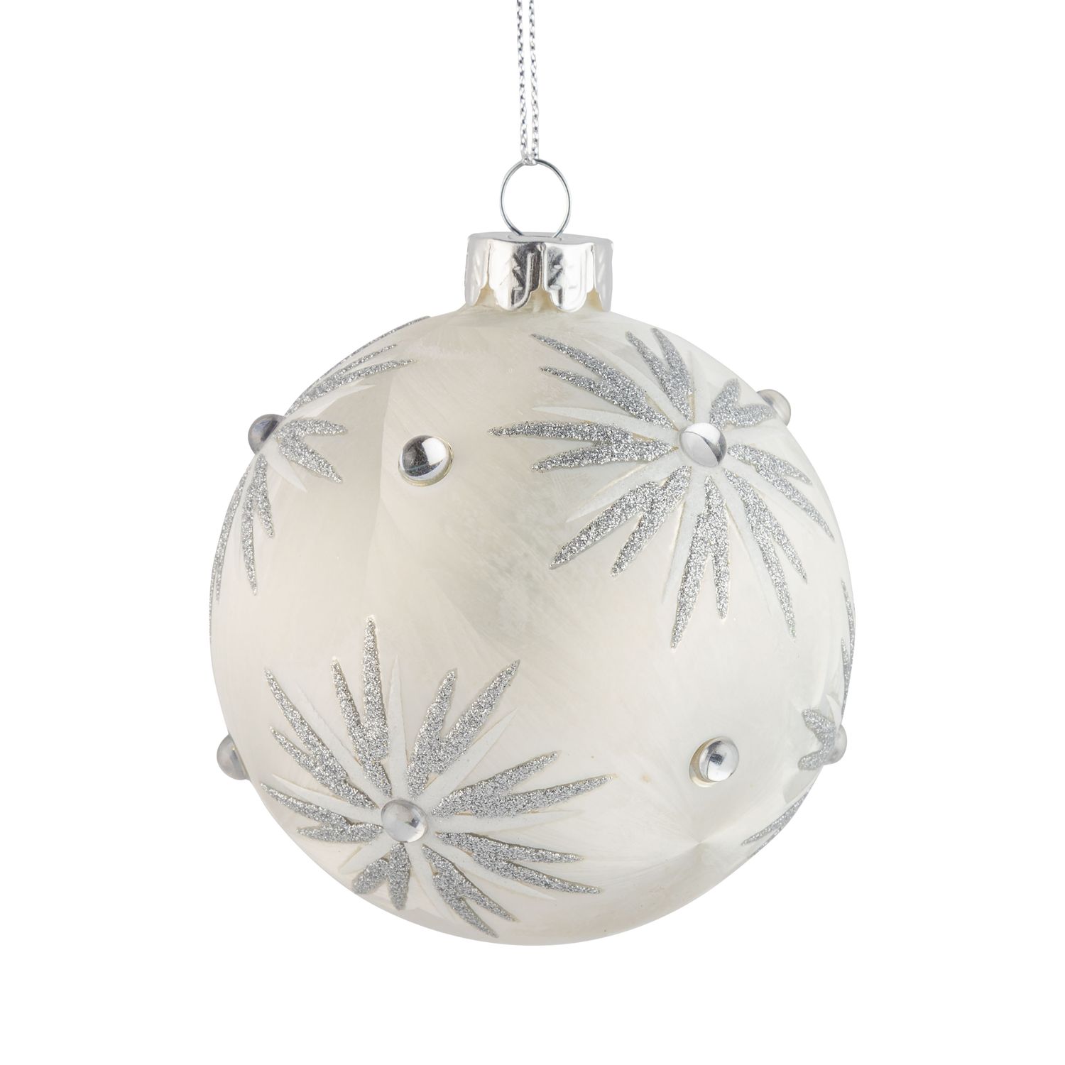 Glass ball ornament, frosted white with silver glitter snowflake, clear gems, 80mm/3 in  12      