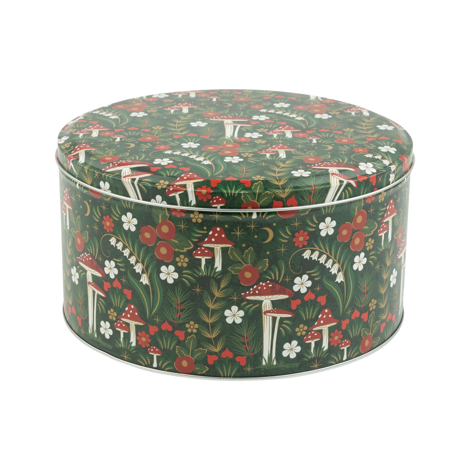 Printed tin lidded cake/cookie container, green and red mushroom design, 5x9 in dia  6      