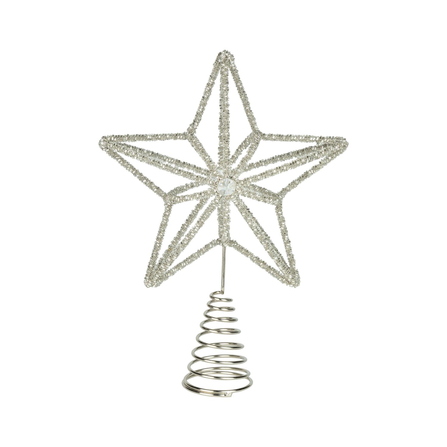 Clear glass bead star on silver wire frame tree topper with center glass jewel, 10.5 in  6      
