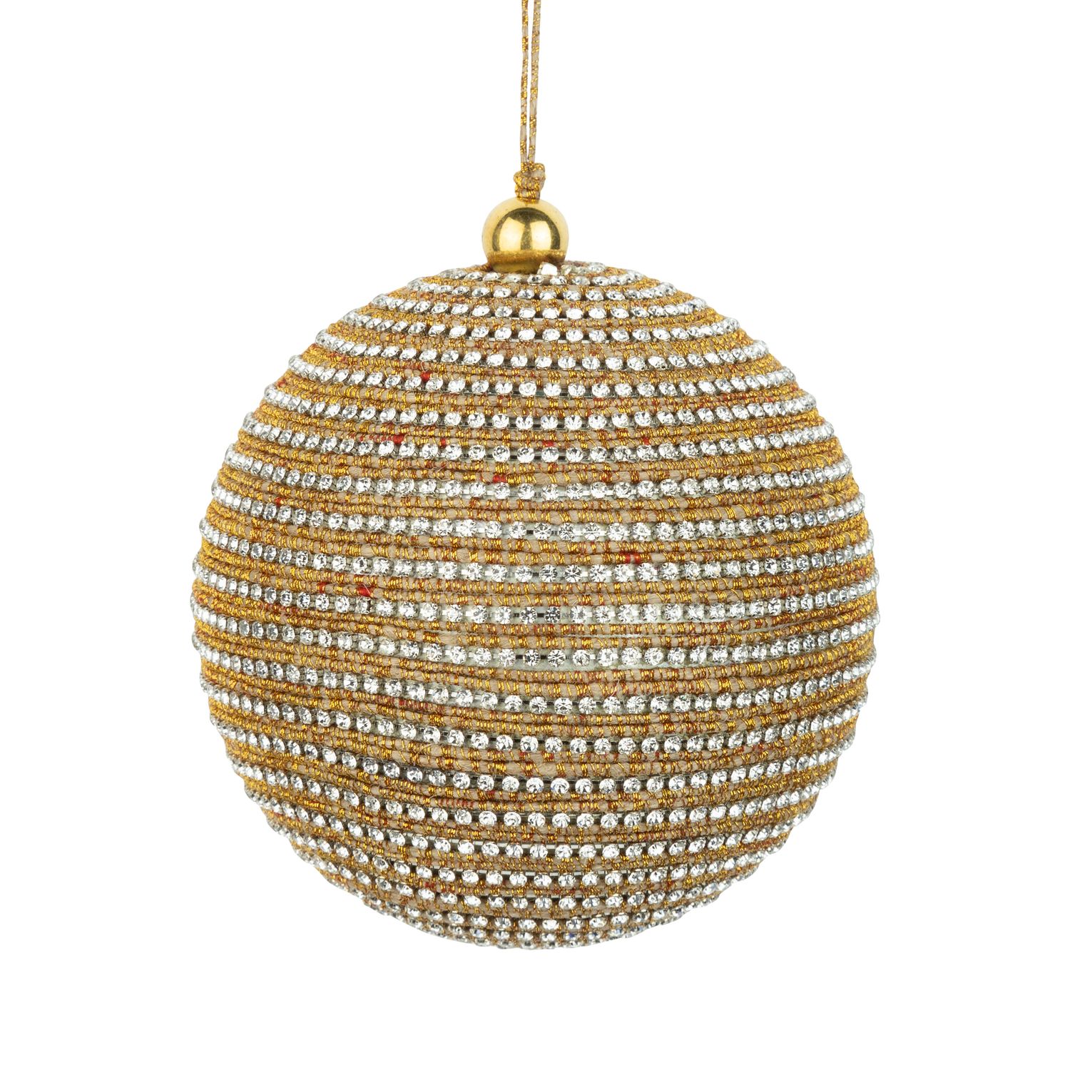 Gold cord and clear glass jewels on metal ball ornament, 4 in  6      