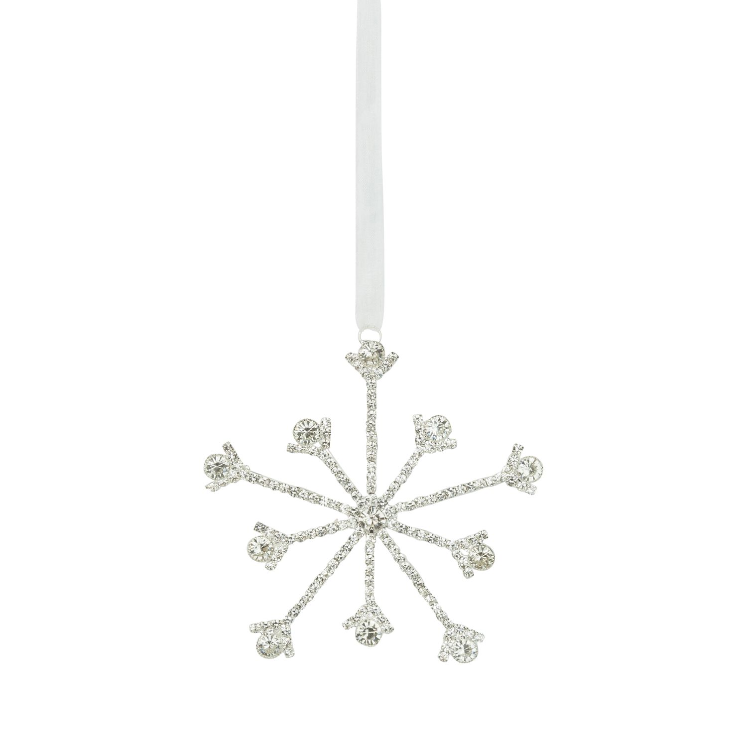 Clear brilliant cut on silver frame snowflake ornament with larger jewel tips, 4 in  6      