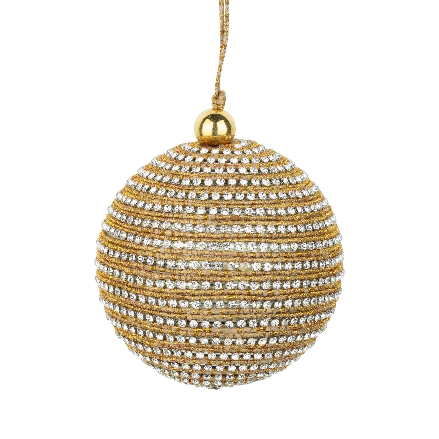 Gold cord and clear glass jewels on metal ball ornament, 3 in  6      