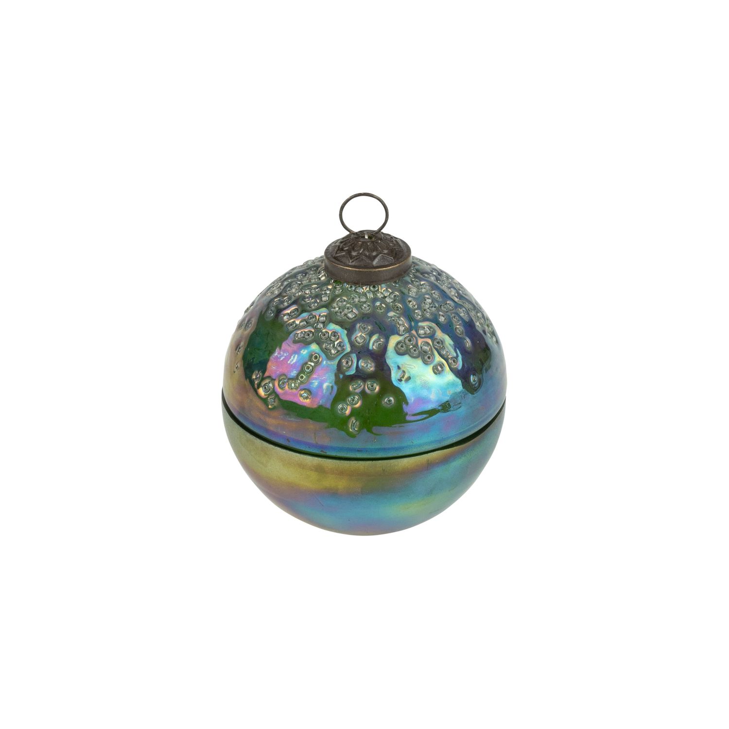 Iridescent teal lidded glass ball with poured candle, textured top Lightly scented, 3.5 in  6      