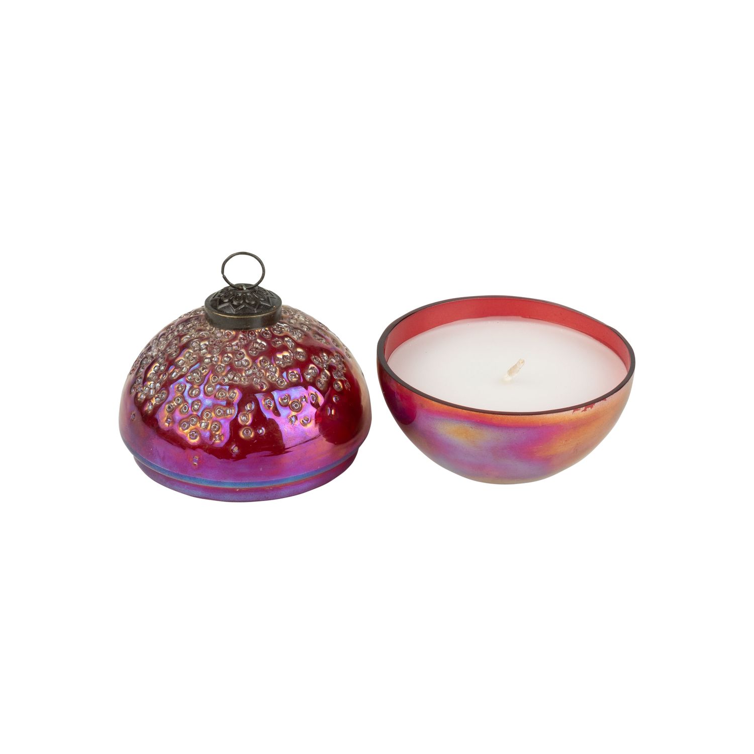 Iridescent fuchsia lidded glass ball with poured candle, textured top lightly scented, 3.5 in  6      