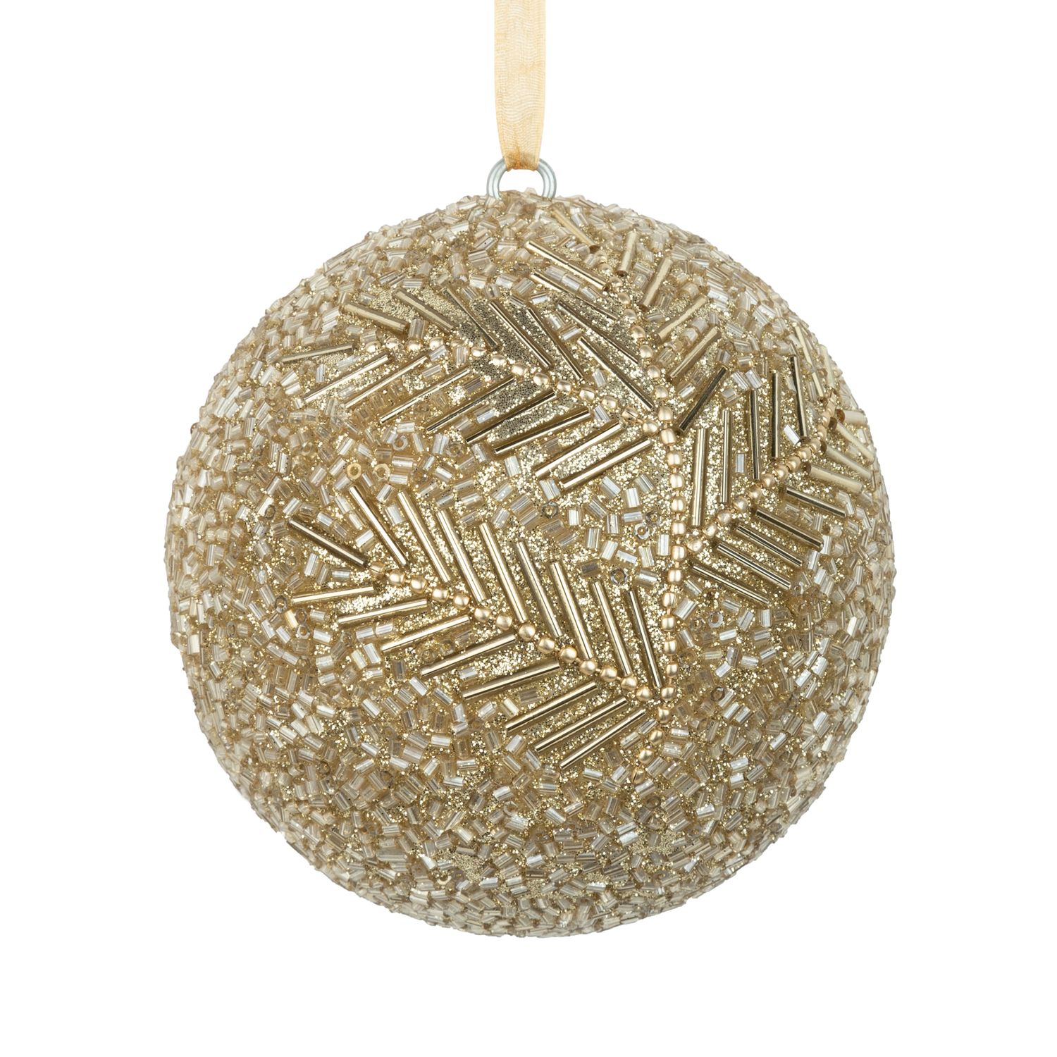 Gold glass bead covered acrylic ball with bugle bead branch pattern, 4 in  6      