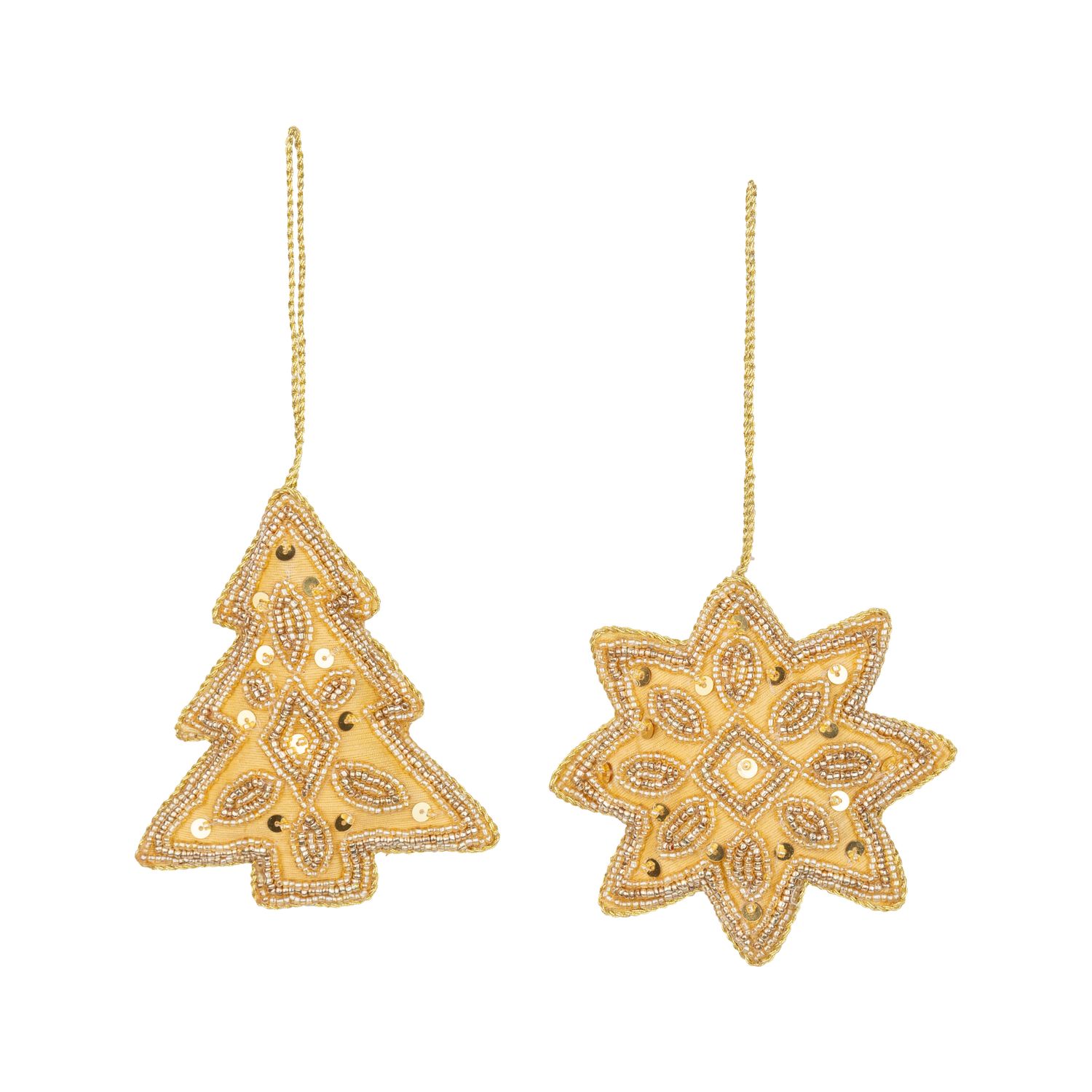 2 Asst&#39;d embroidered pale gold satin tree and star ornament with gold braid edge, 4 in  12      