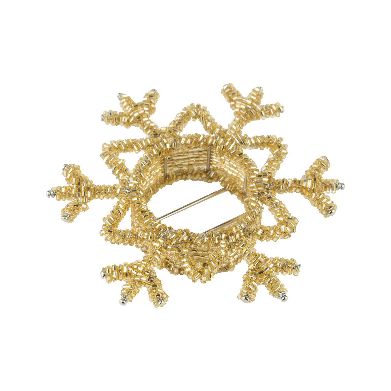 Pale gold glass bead snowflake tea light holder on silver wire frame, 5 in  6      