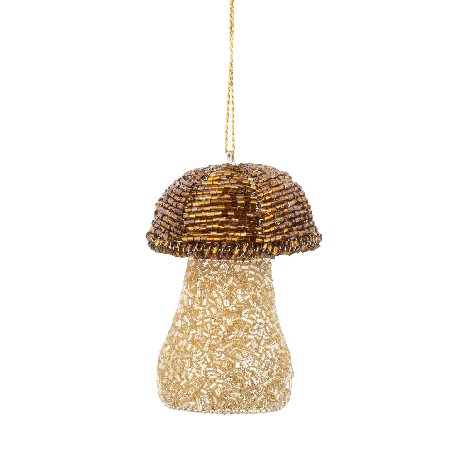 Bronze glass bead mushroom ornament with gold bead covered wood stem, 2.25 in  6      