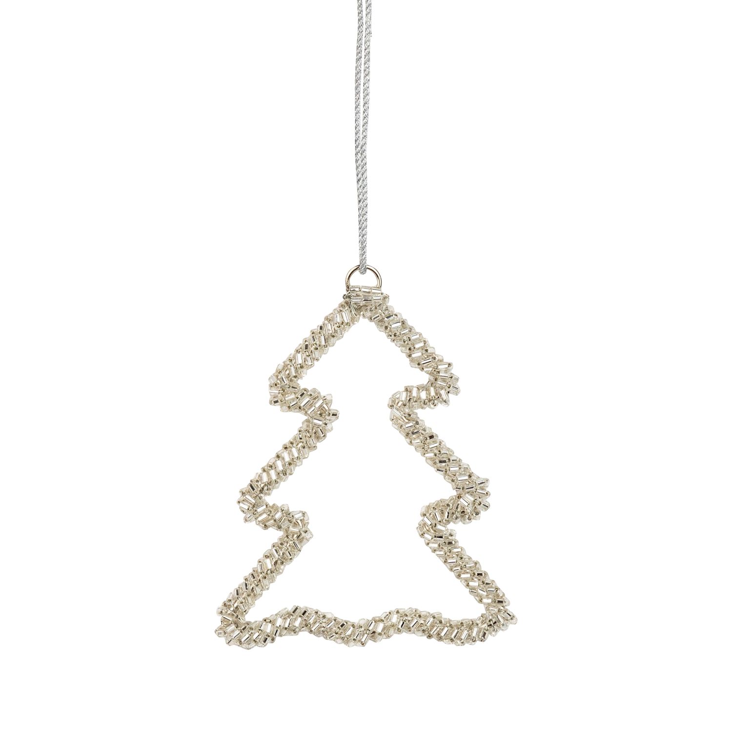 Clear glass bead tree silhouette ornament on silver wire frame, 3 in  12      