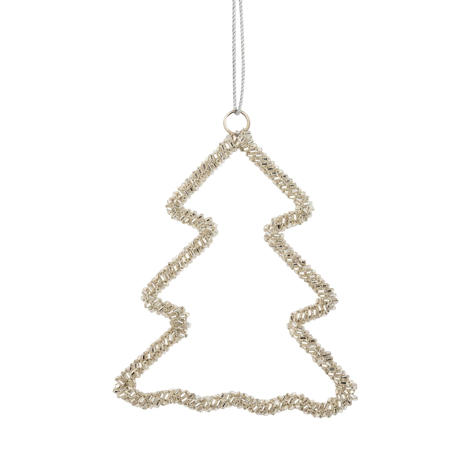 Clear glass bead tree silhouette ornament on silver wire frame, 4.5 in  12      