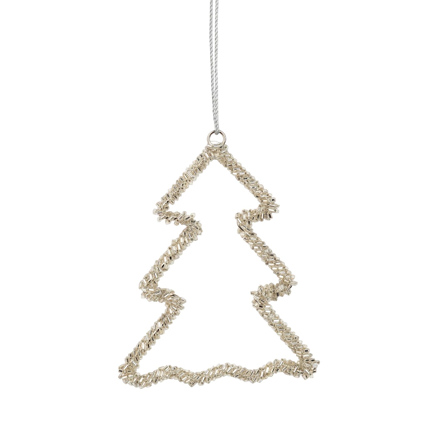 Clear glass bead tree silhouette ornament on silver wire frame, 4 in  12      