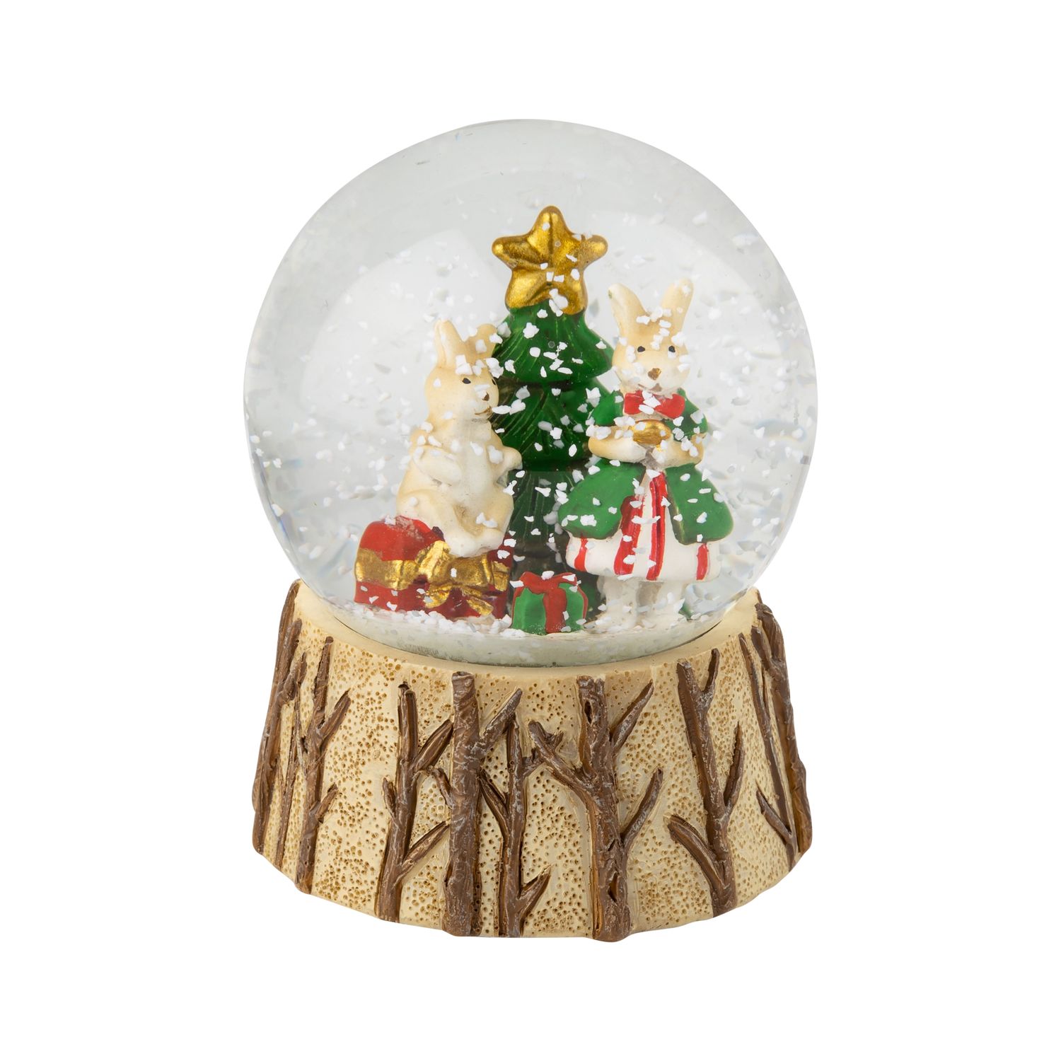 Resin snow globe with rabbits and Christmas tree, textured forest base, 60mm/3.3 in  6      