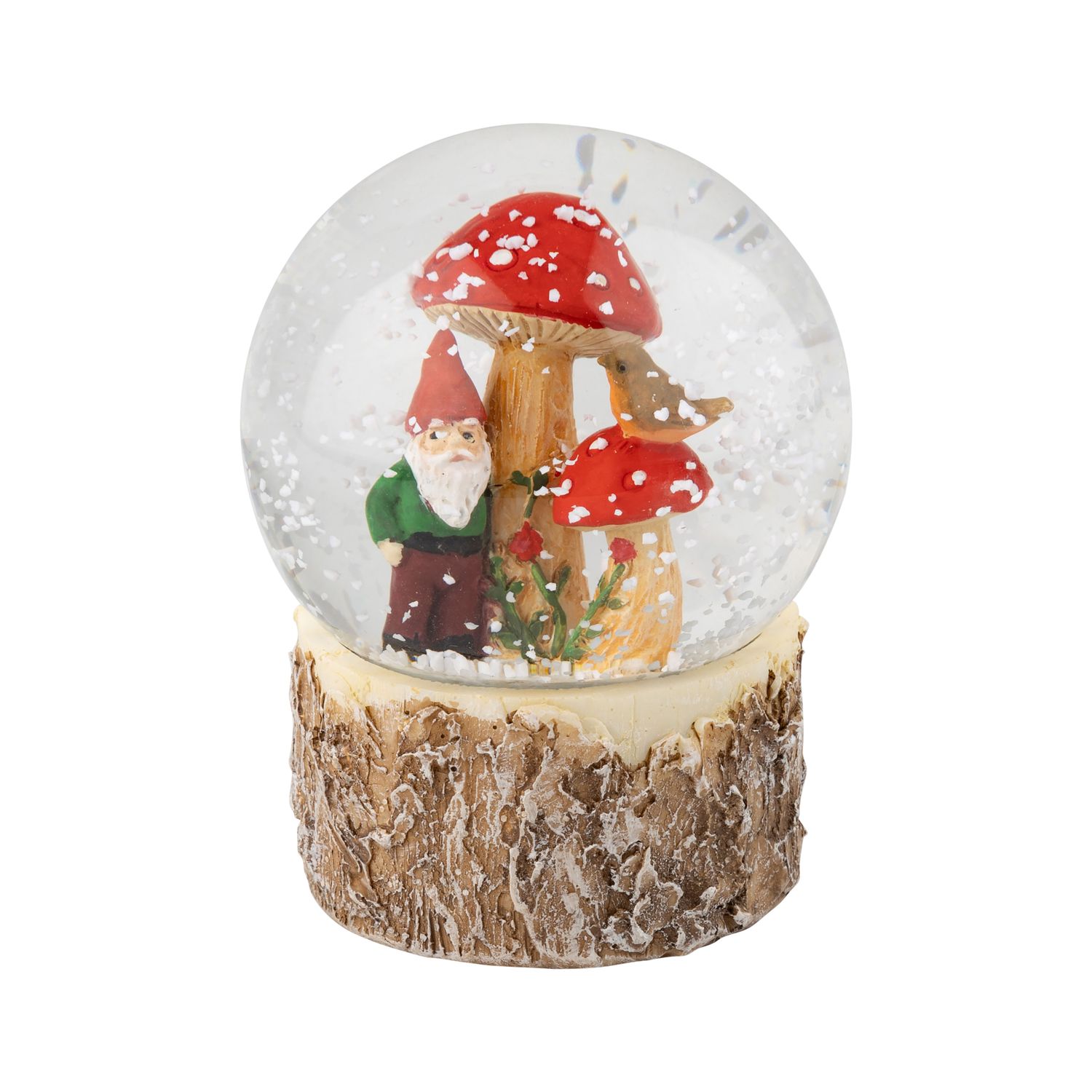 Resin snow globe with elf, mushroom and bird, textured woodland base, 60 mm/3.3 in  6 -Z08 -S04/25