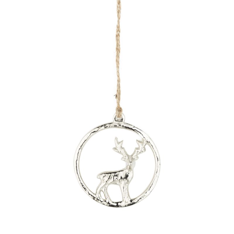 Cast metal deer in hoop ornament, silver, 2.75 in  12      