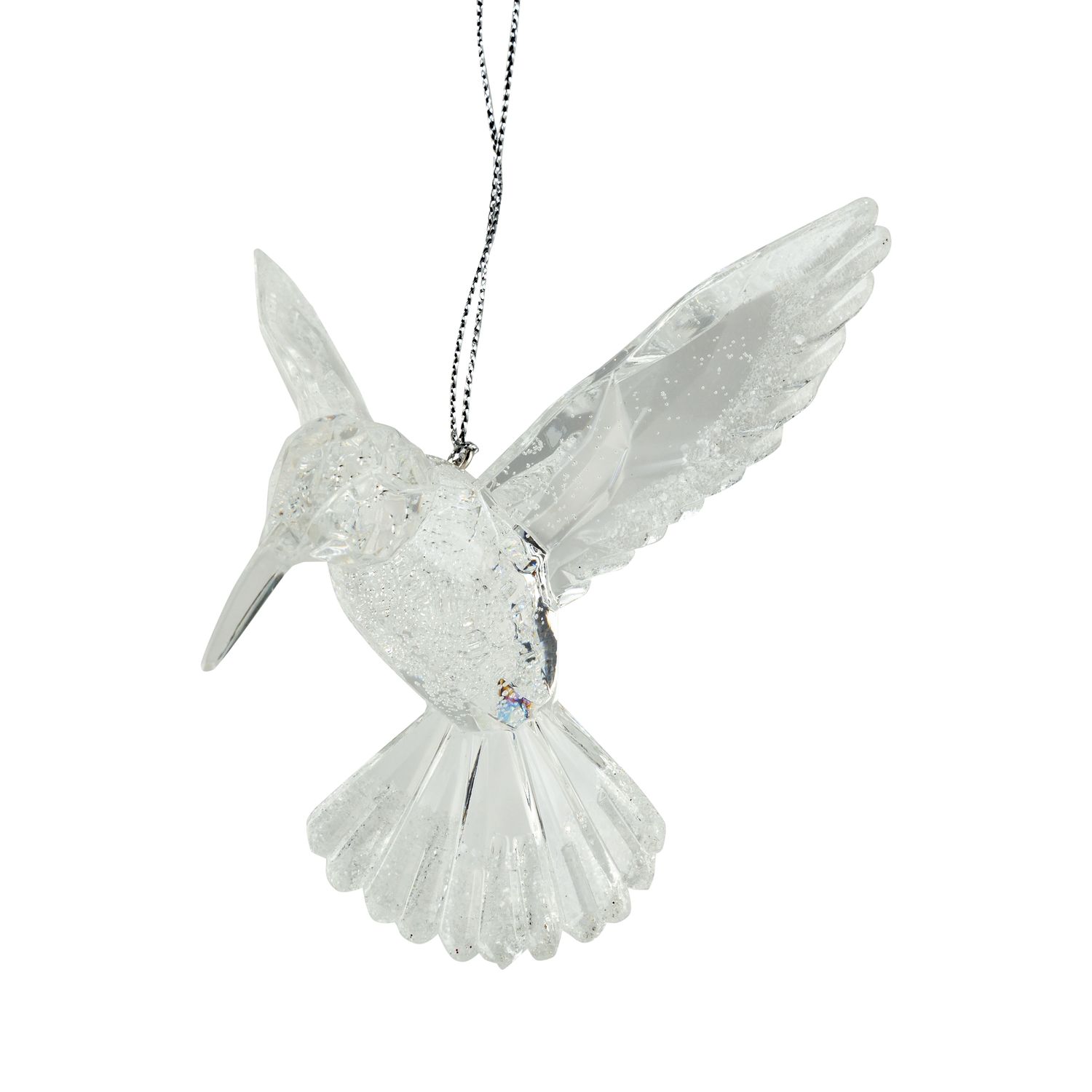 Clear acrylic hummingbird ornament with interior bubble detail and glittered wings tips, 4 in  12      